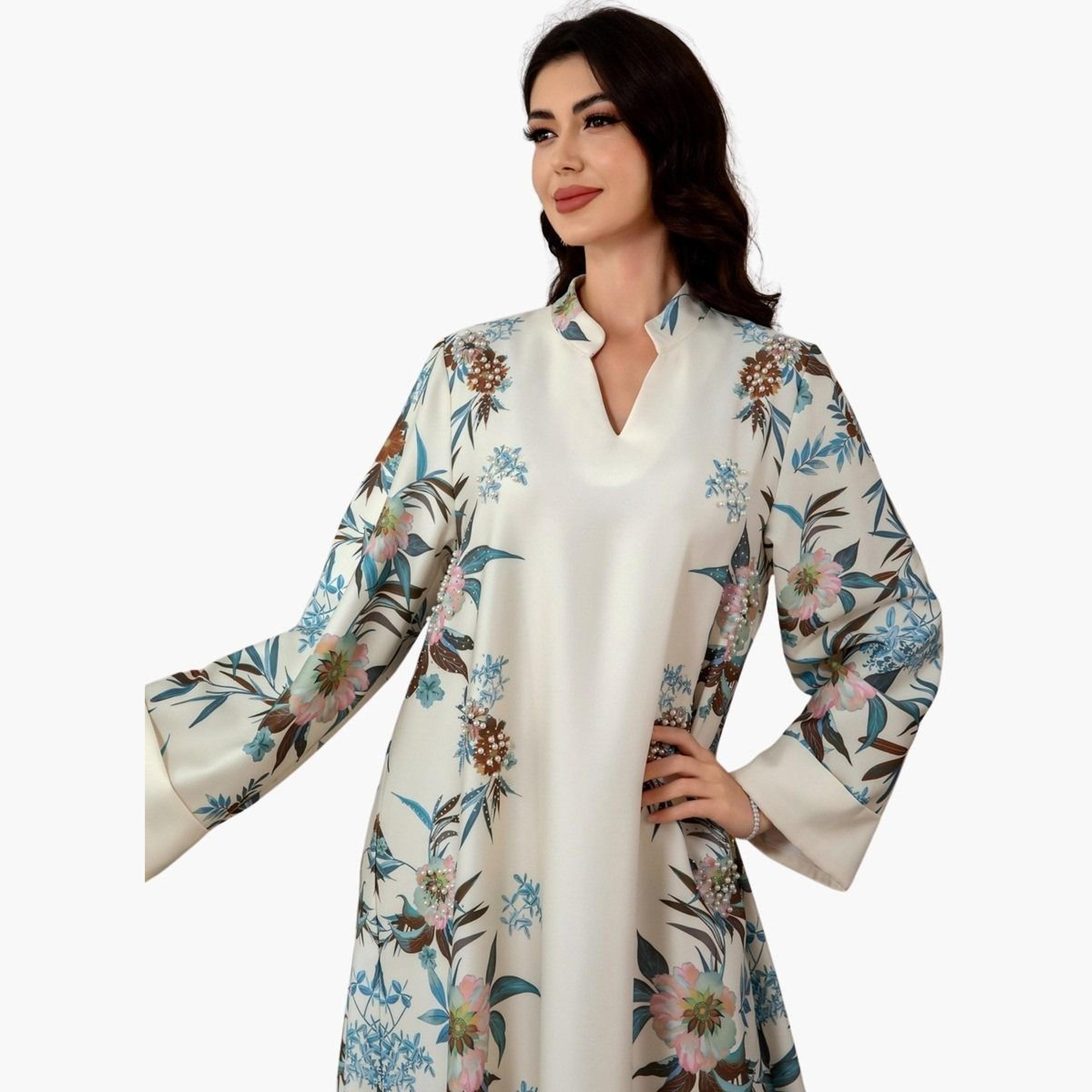 Take Two Floral Print Embellished Faux Pearl Detail Jalabiya-women-arabicclothing-jalabiyas-image-2