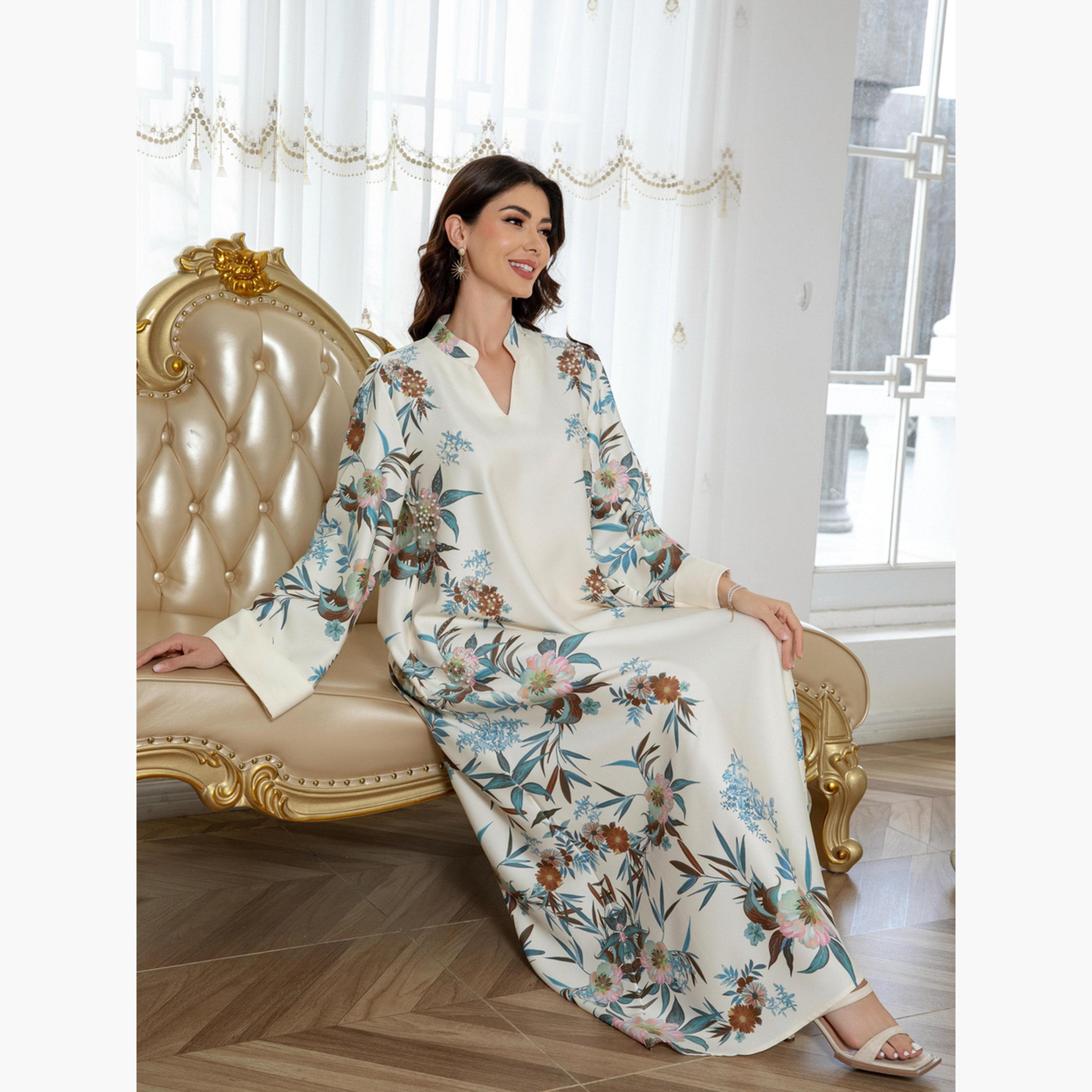 Take Two Floral Print Embellished Faux Pearl Detail Jalabiya-women-arabicclothing-jalabiyas-image-3