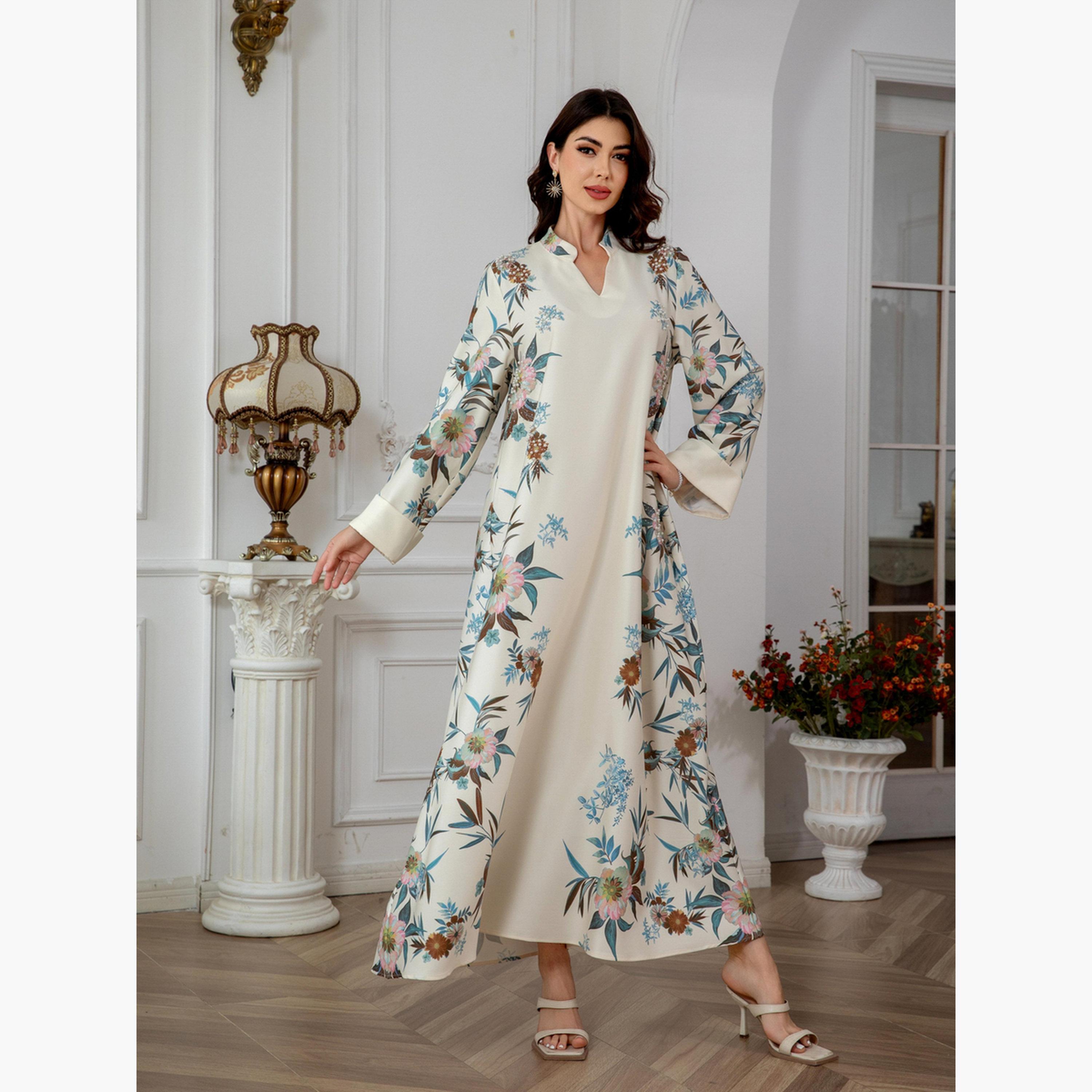 Take Two Floral Print Embellished Faux Pearl Detail Jalabiya-women-arabicclothing-jalabiyas-image-4