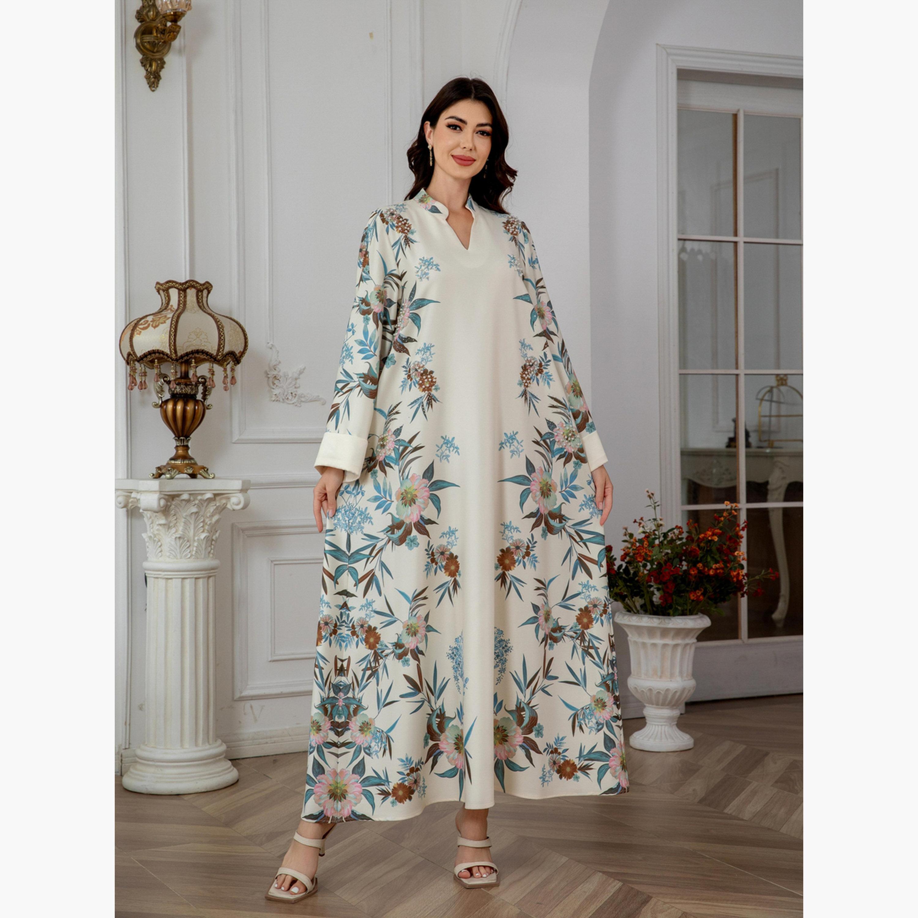 Take Two Floral Print Embellished Faux Pearl Detail Jalabiya-women-arabicclothing-jalabiyas-image-5