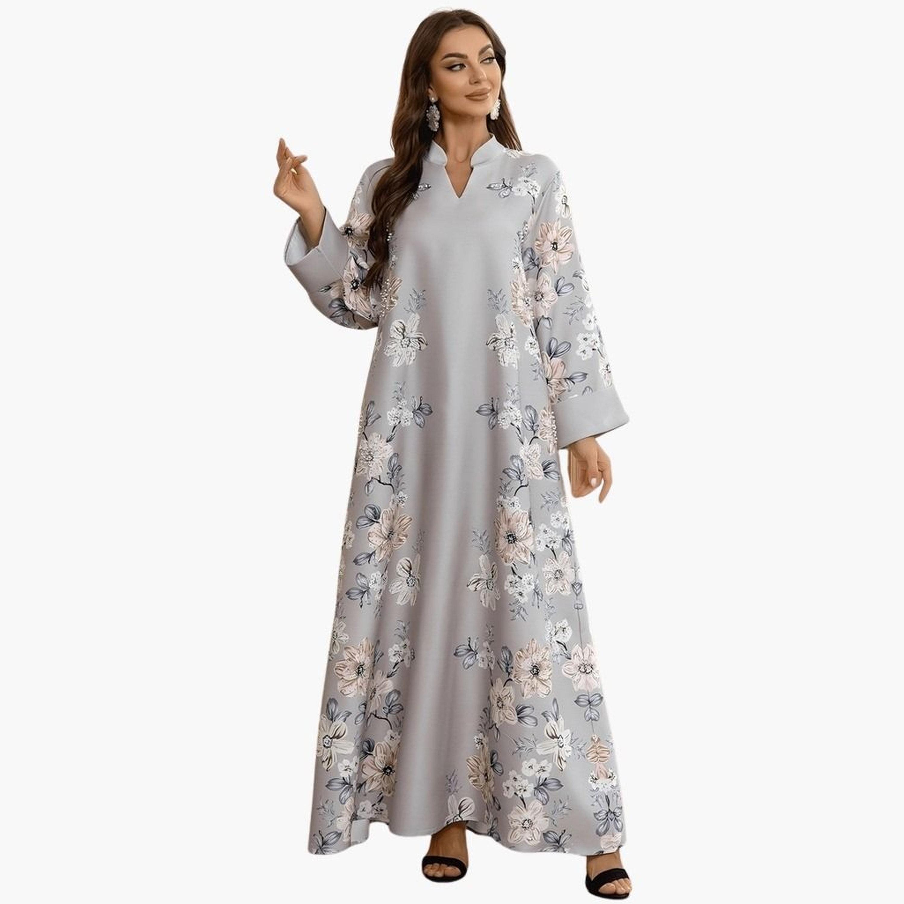 Take Two Floral Print Embellished Faux Pearl Detail Jalabiya-women-arabicclothing-jalabiyas-image-1