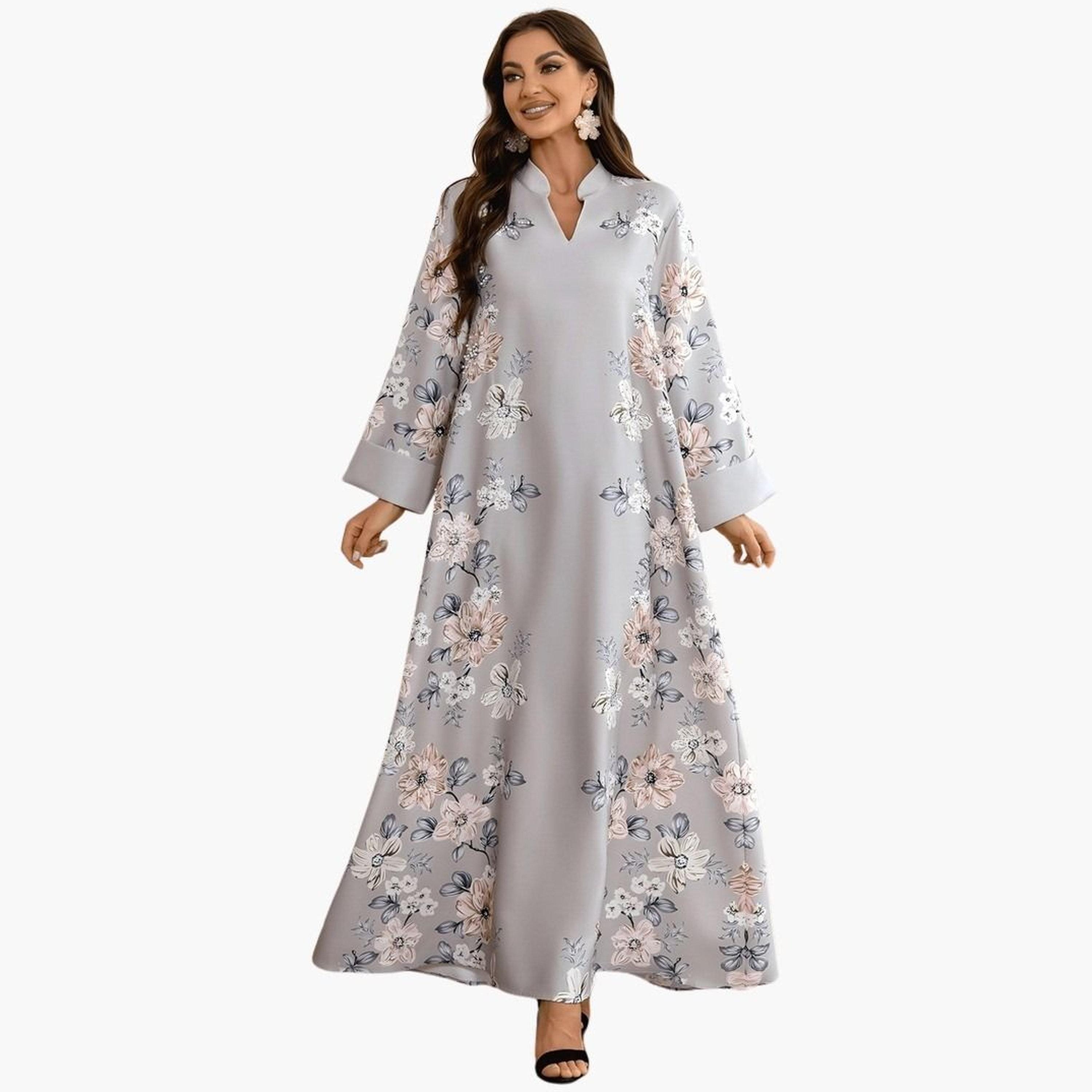 Take Two Floral Print Embellished Faux Pearl Detail Jalabiya-women-arabicclothing-jalabiyas-image-2
