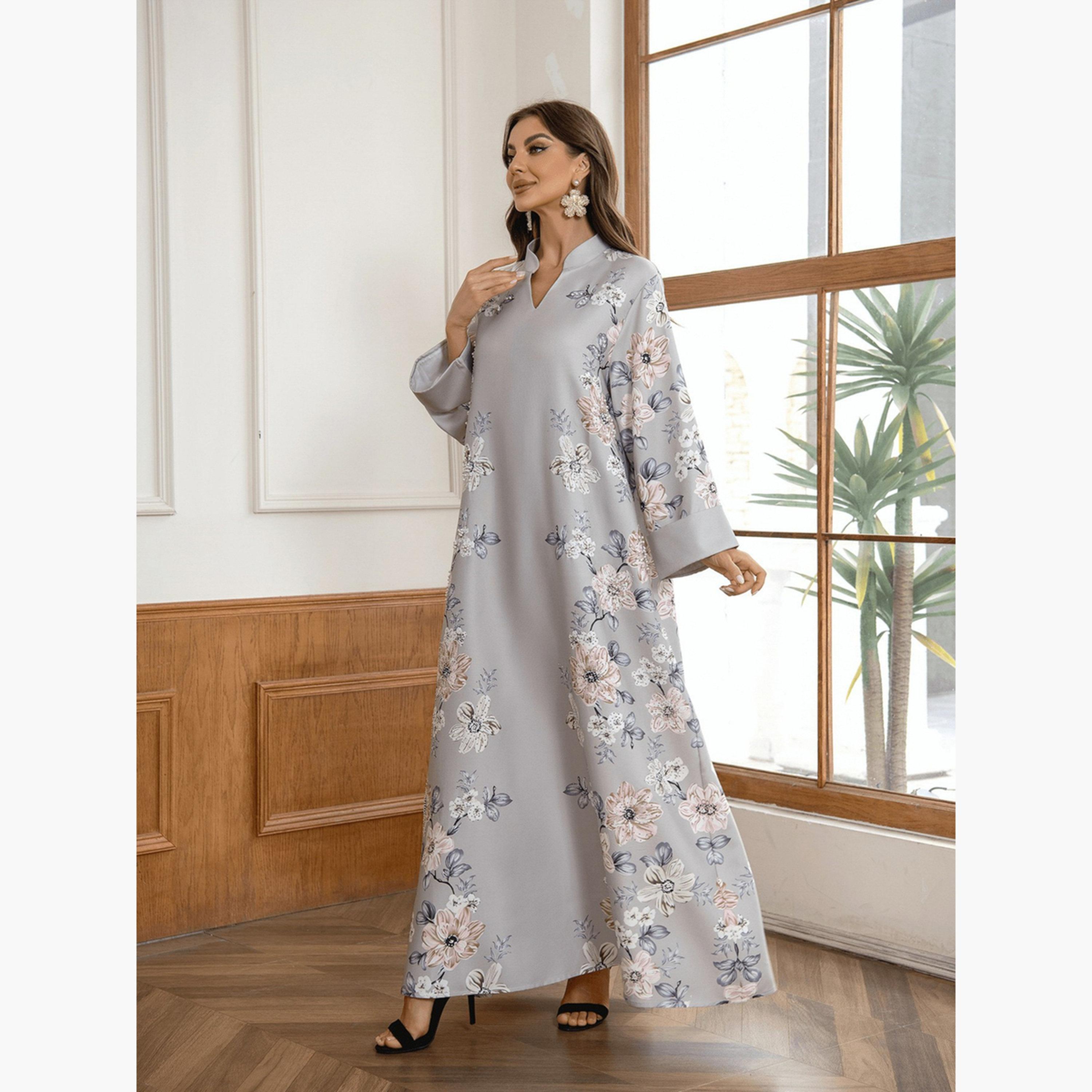 Take Two Floral Print Embellished Faux Pearl Detail Jalabiya-women-arabicclothing-jalabiyas-image-3