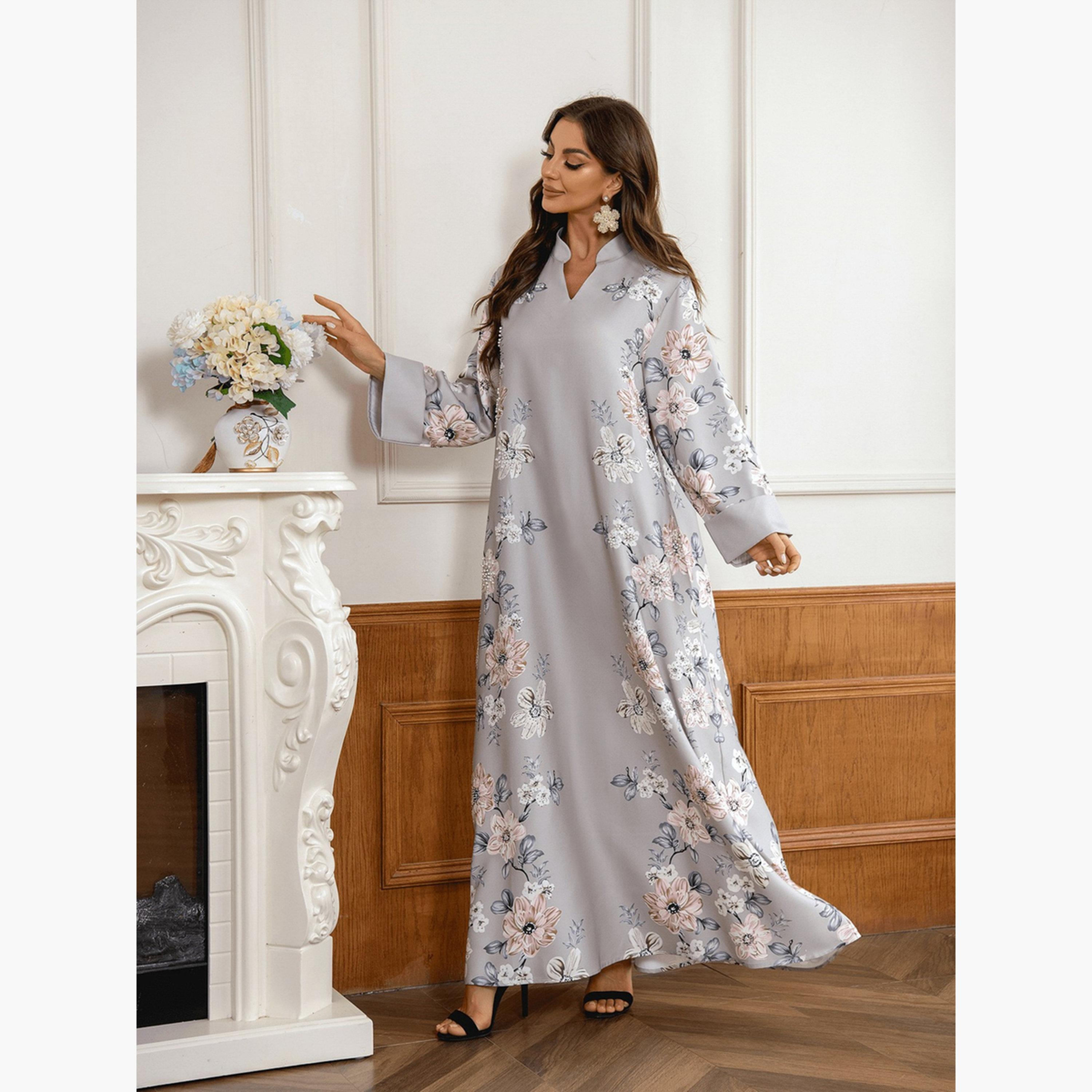Take Two Floral Print Embellished Faux Pearl Detail Jalabiya-women-arabicclothing-jalabiyas-image-4