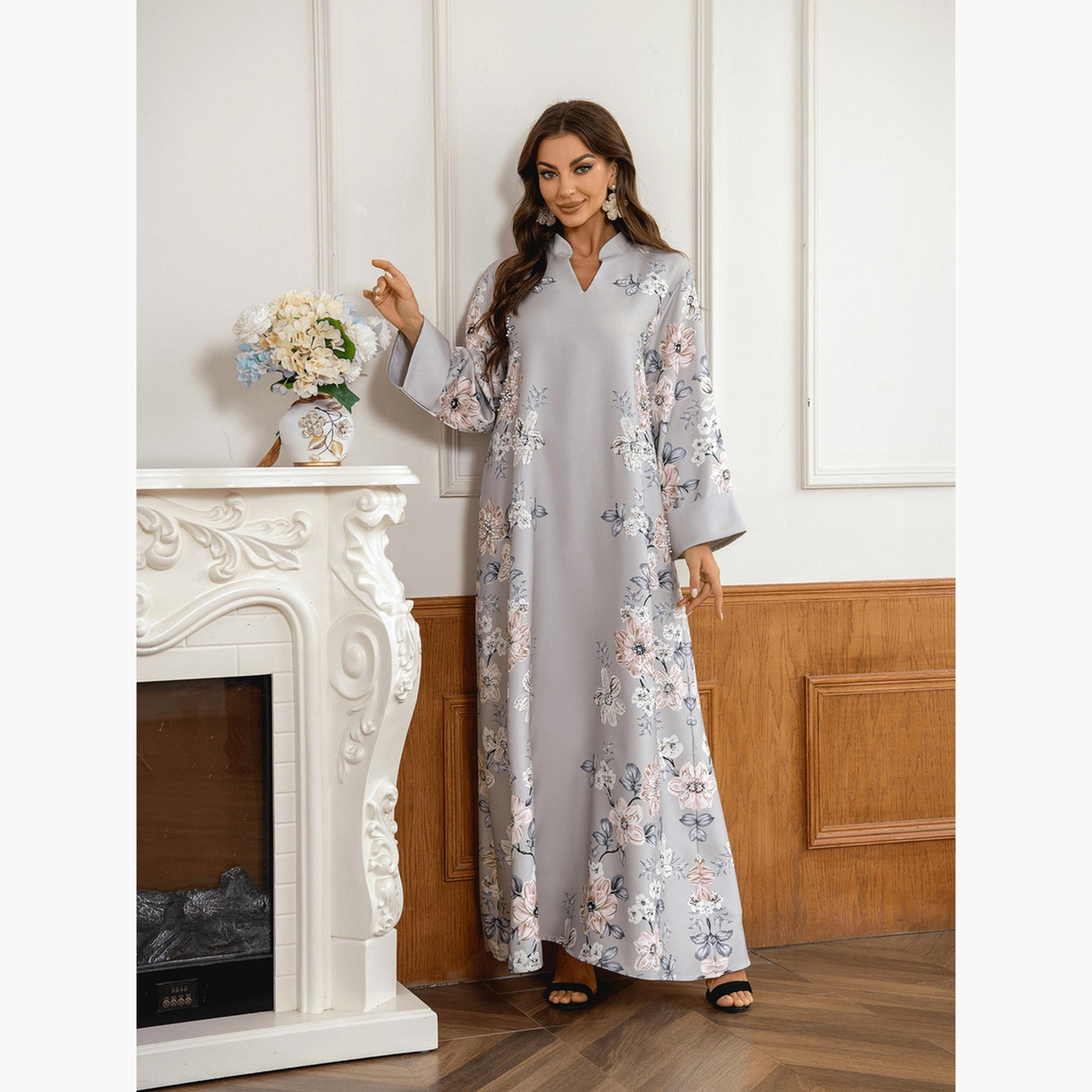 Take Two Floral Print Embellished Faux Pearl Detail Jalabiya-women-arabicclothing-jalabiyas-image-5
