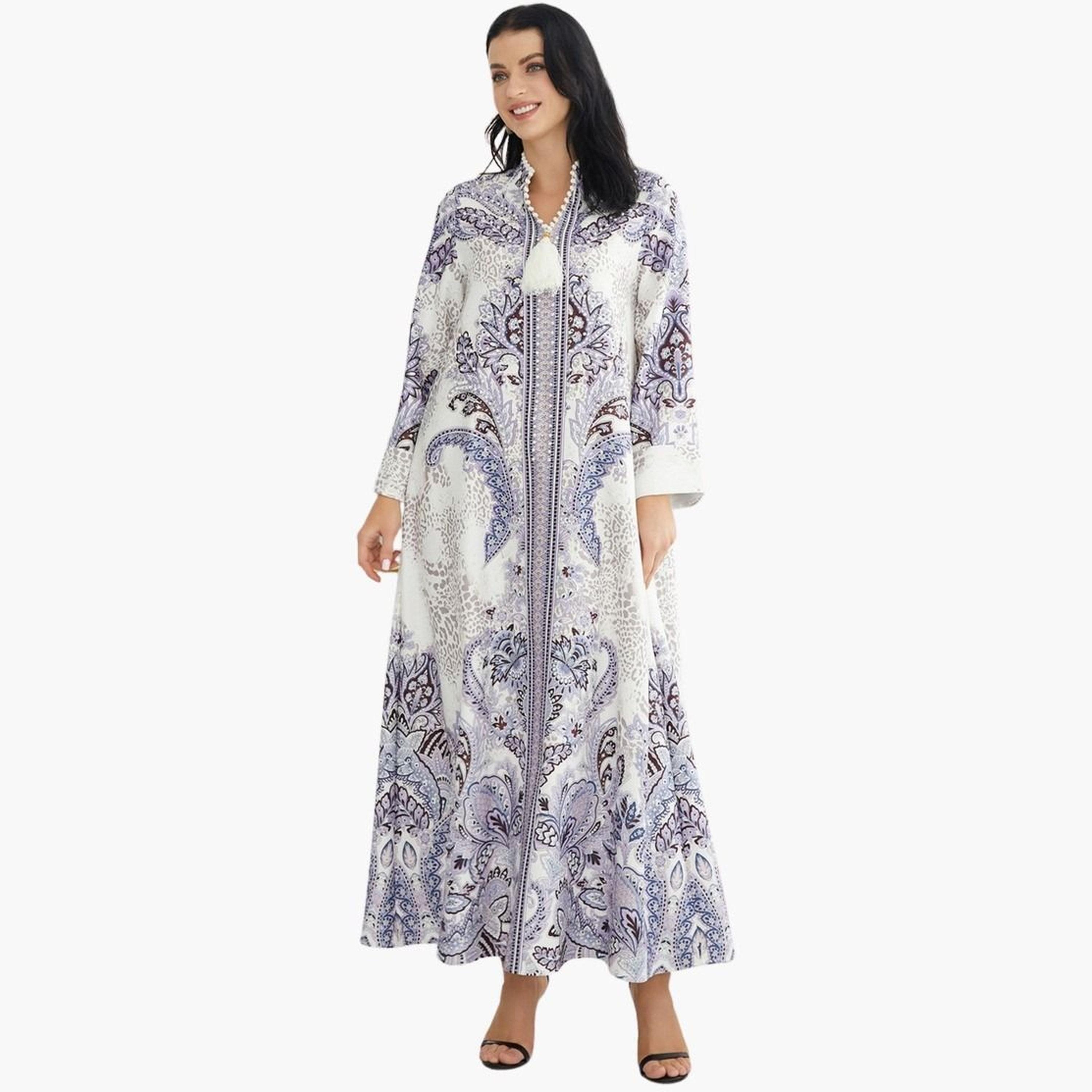 Take Two Floral Print Embellished Faux Pearl Tassel Jalabiya-women-arabicclothing-jalabiyas-image-1