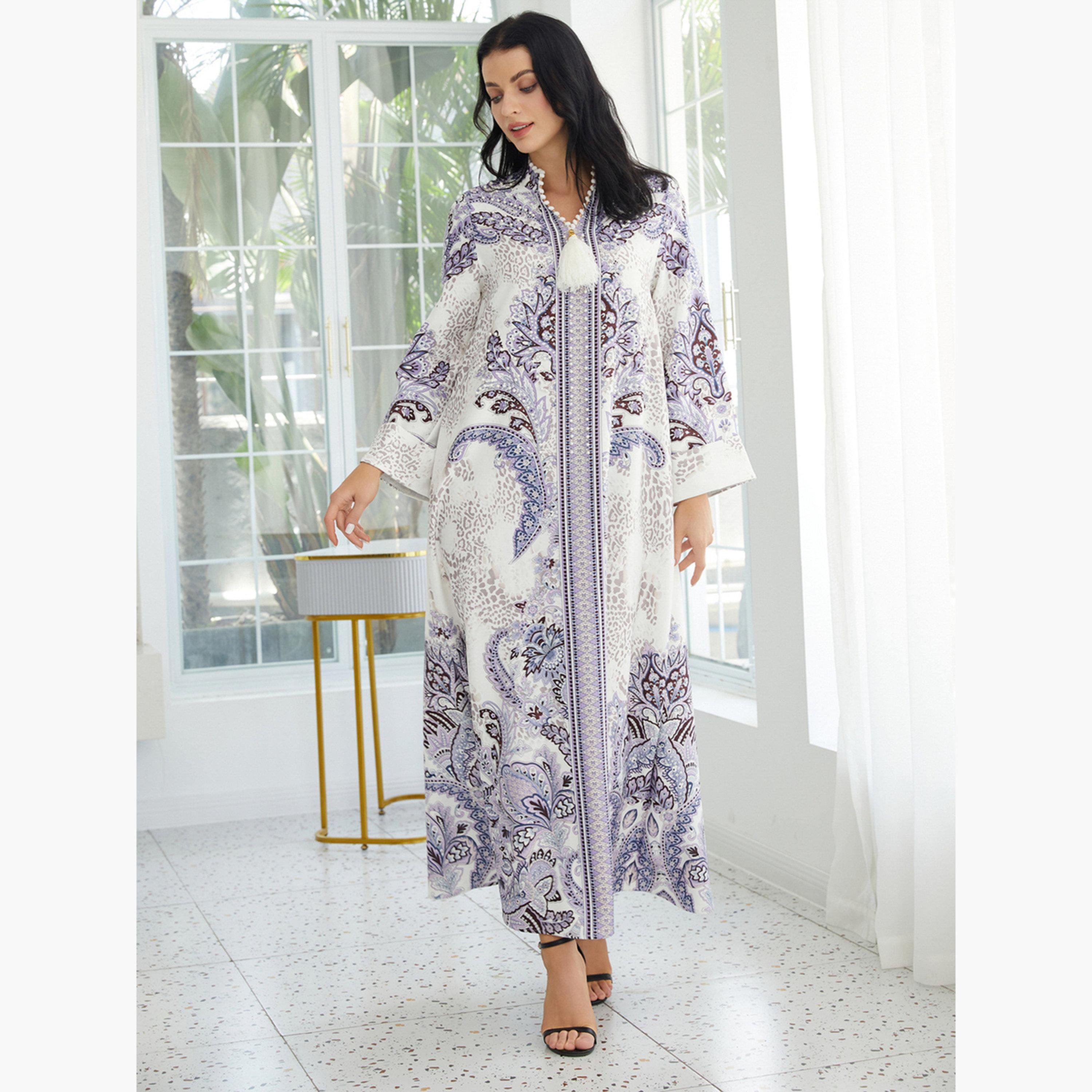 Take Two Floral Print Embellished Faux Pearl Tassel Jalabiya-women-arabicclothing-jalabiyas-image-4