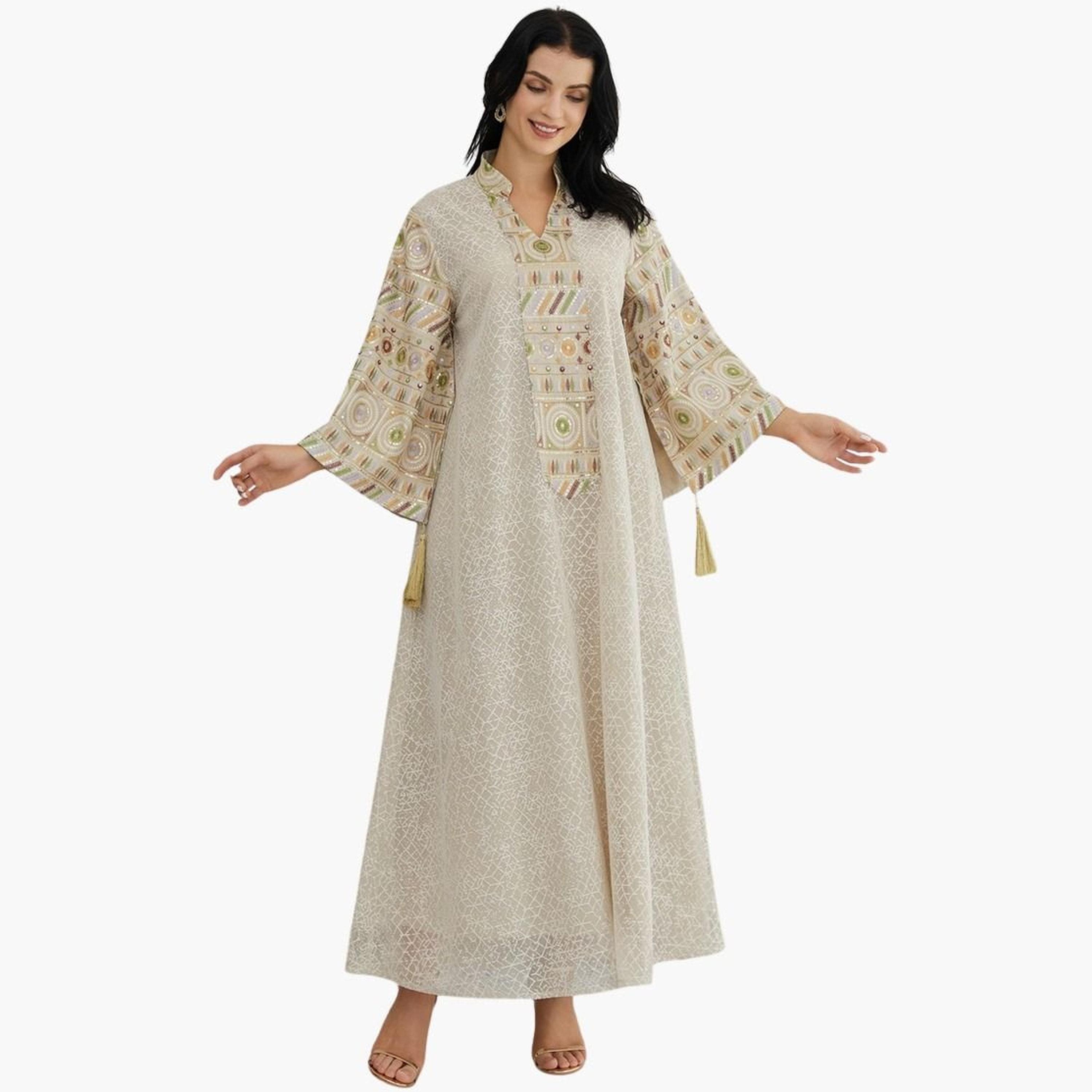 تيك تو - جلابية تصميم A مزينة بالترتر باللون البيج-women-arabicclothing-jalabiyas-image-1