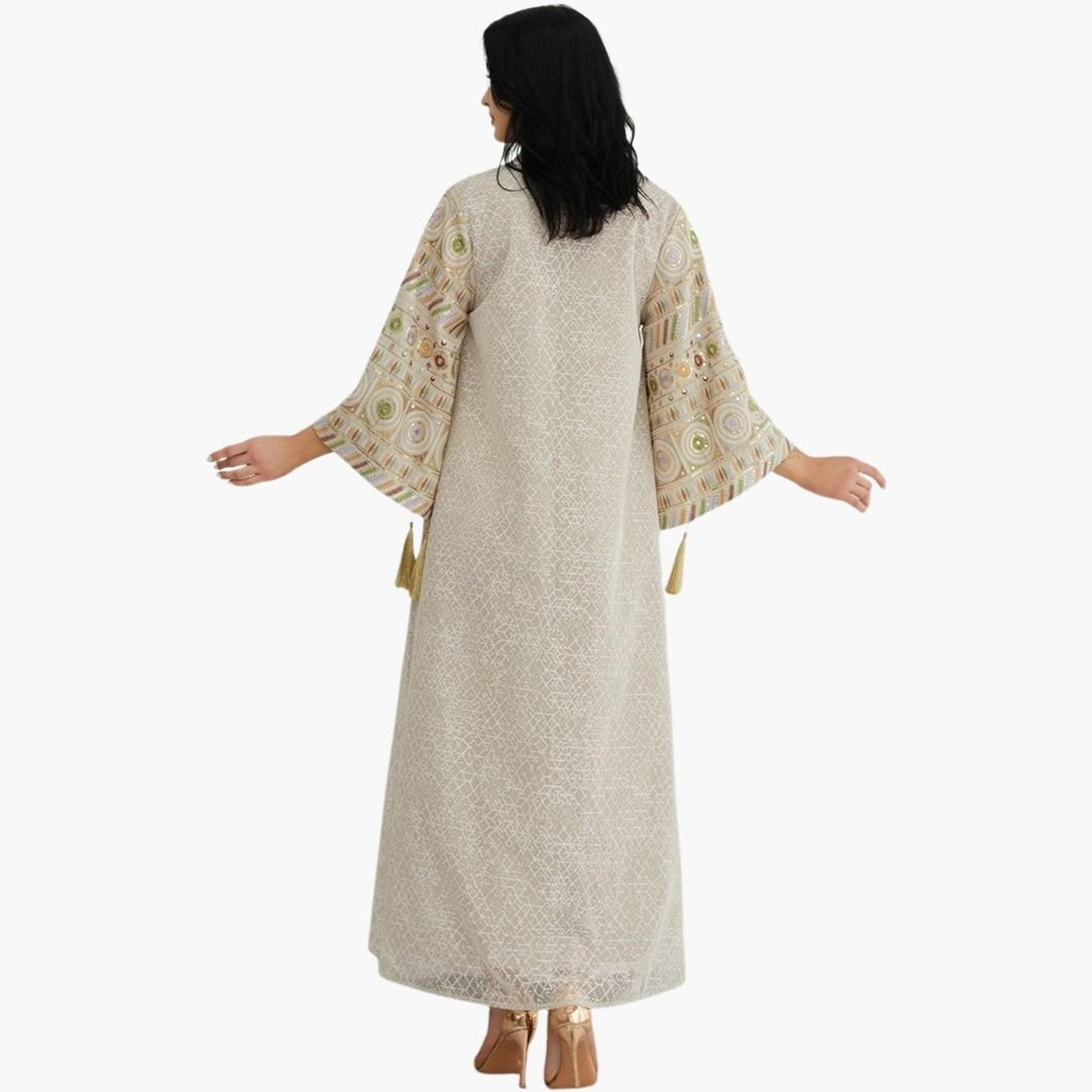Take Two Beige Textured Sequin Patch A-Line Jalabiya-women-arabicclothing-jalabiyas-image-2