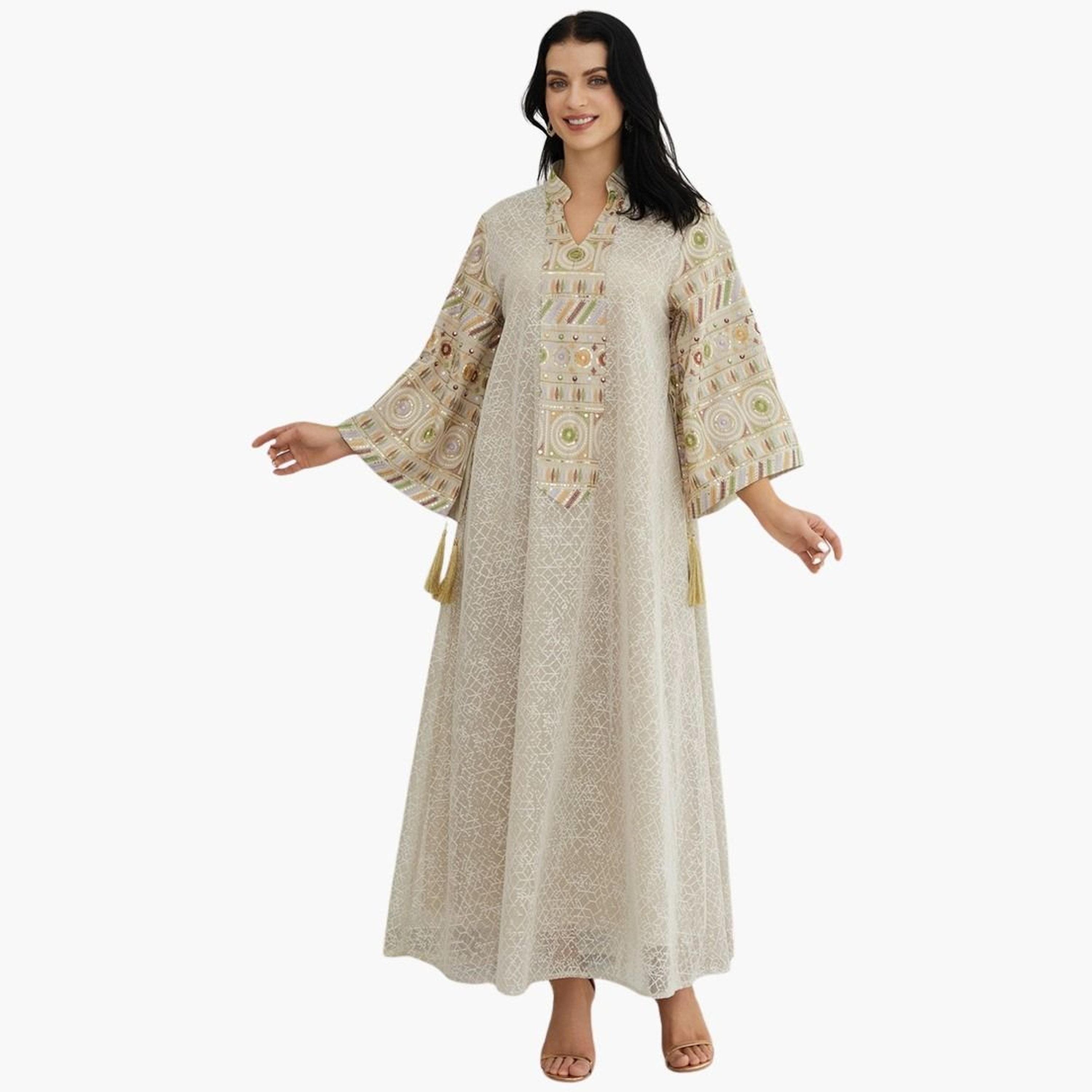 Take Two Beige Textured Sequin Patch A-Line Jalabiya-women-arabicclothing-jalabiyas-image-3