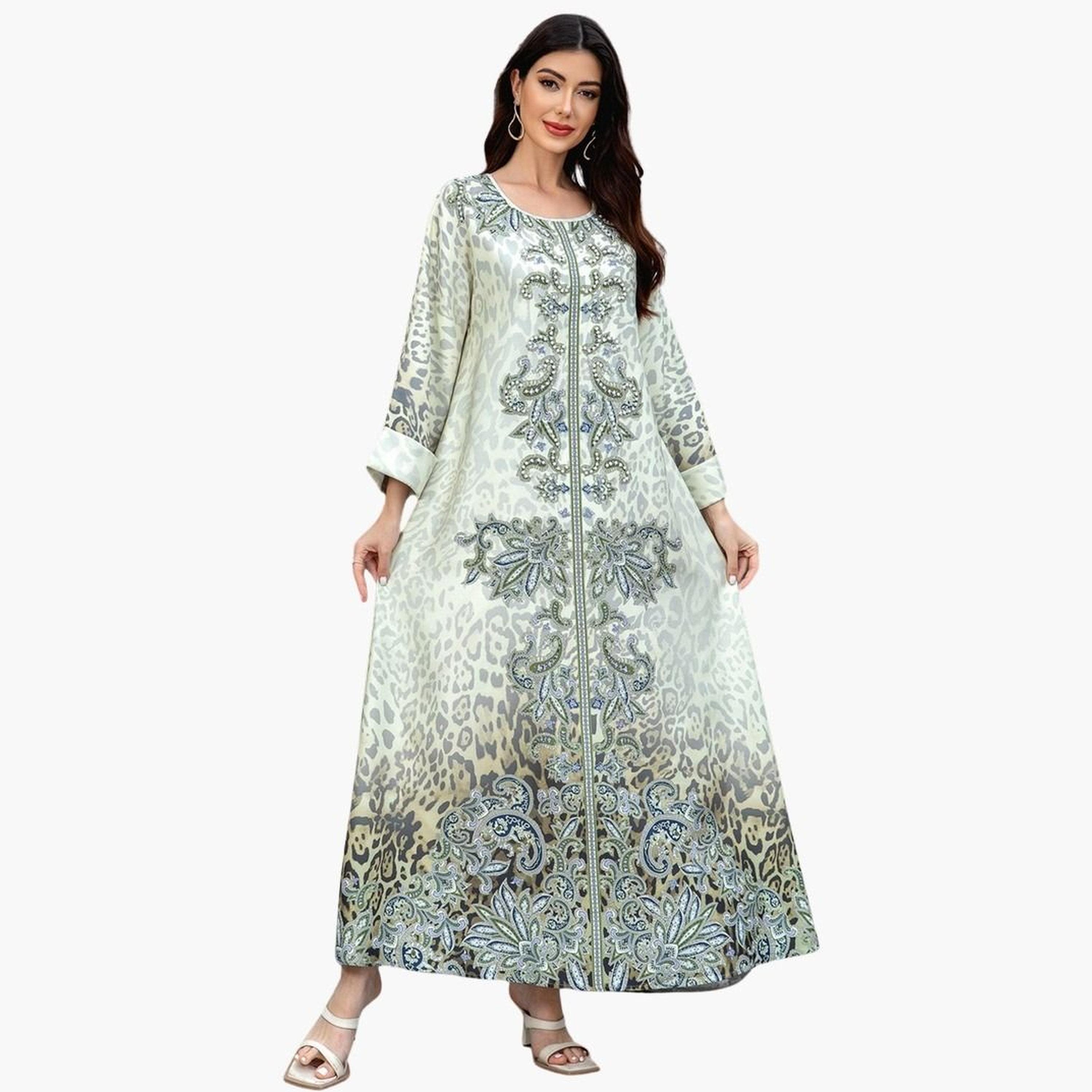 Take Two Floral Print Embellished Faux Pearl Jalabiya-women-arabicclothing-jalabiyas-image-1