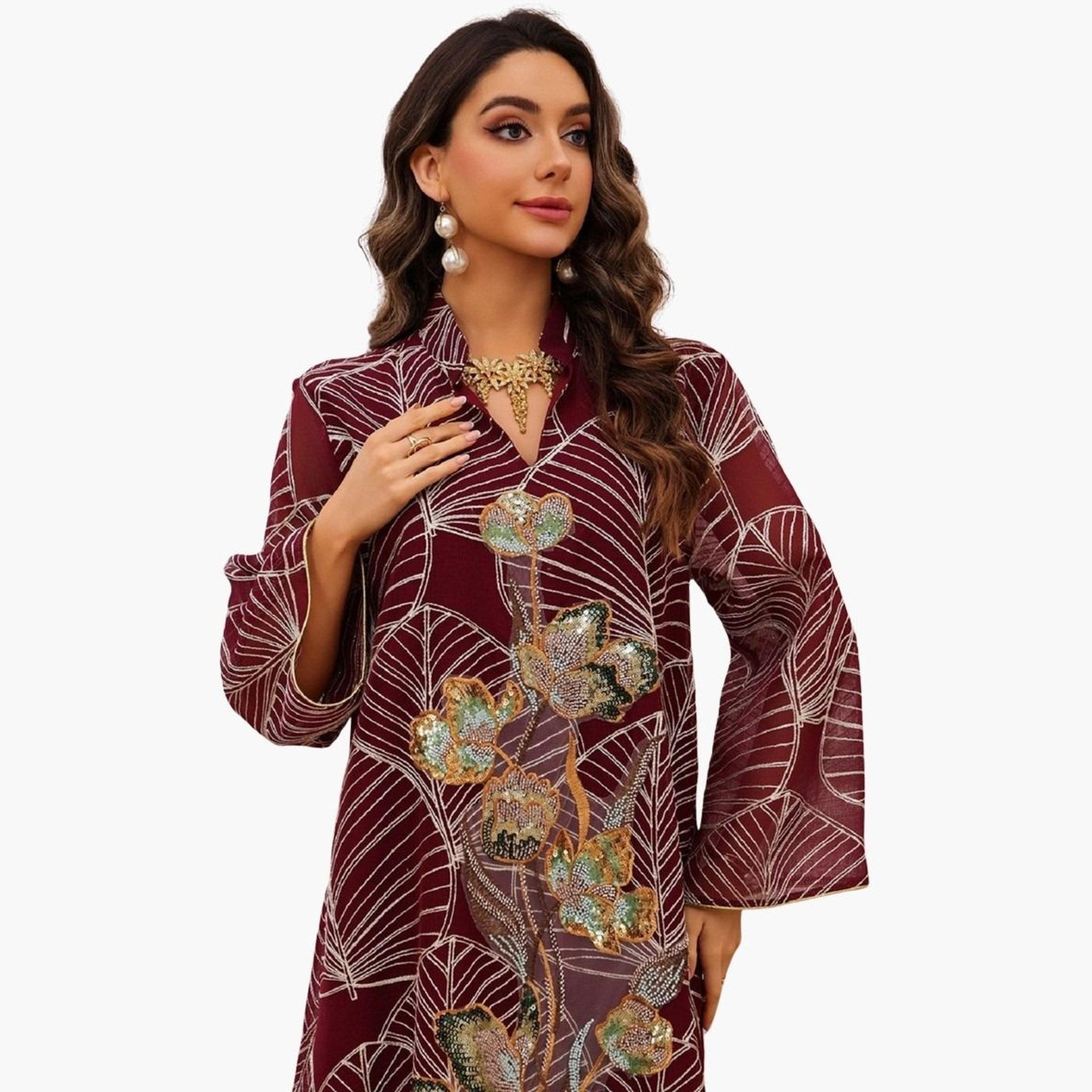 Take Two Textured Embellished Sequin Patch Detail Jalabiya-women-arabicclothing-jalabiyas-image-2