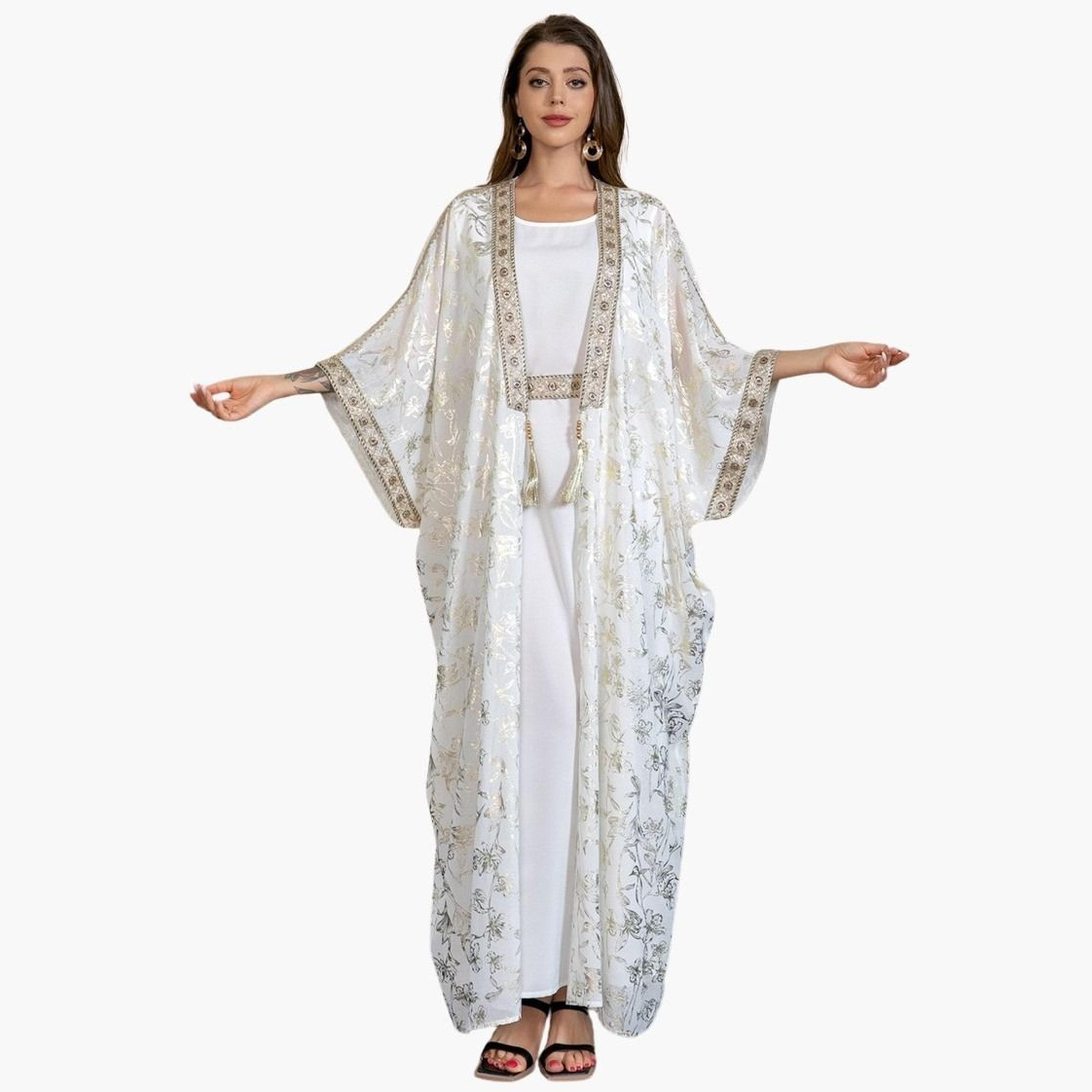 طقم كيمونو مزين بطبعة فويل وشراشيب مع فستان-women-arabicclothing-sets-image-1