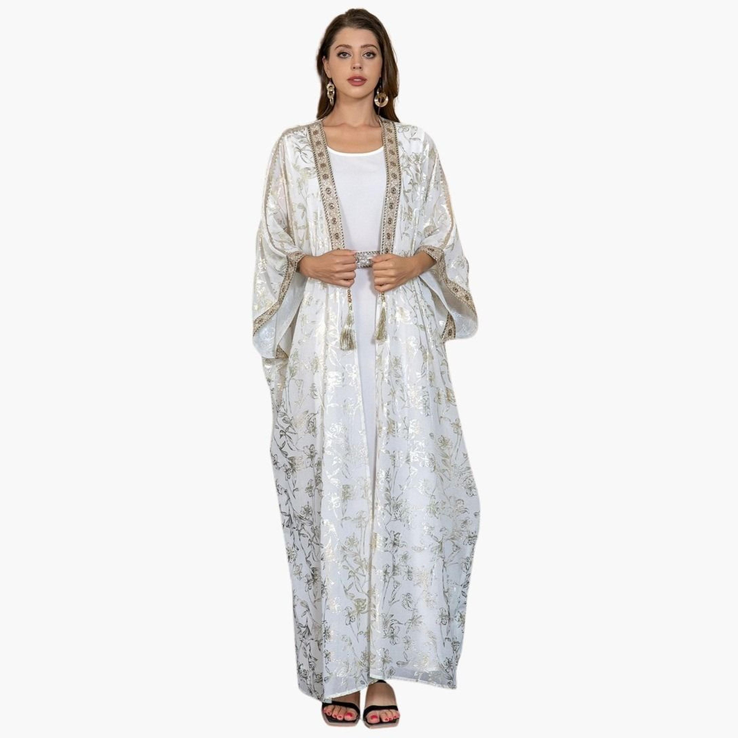 طقم كيمونو مزين بطبعة فويل وشراشيب مع فستان-women-arabicclothing-sets-image-2