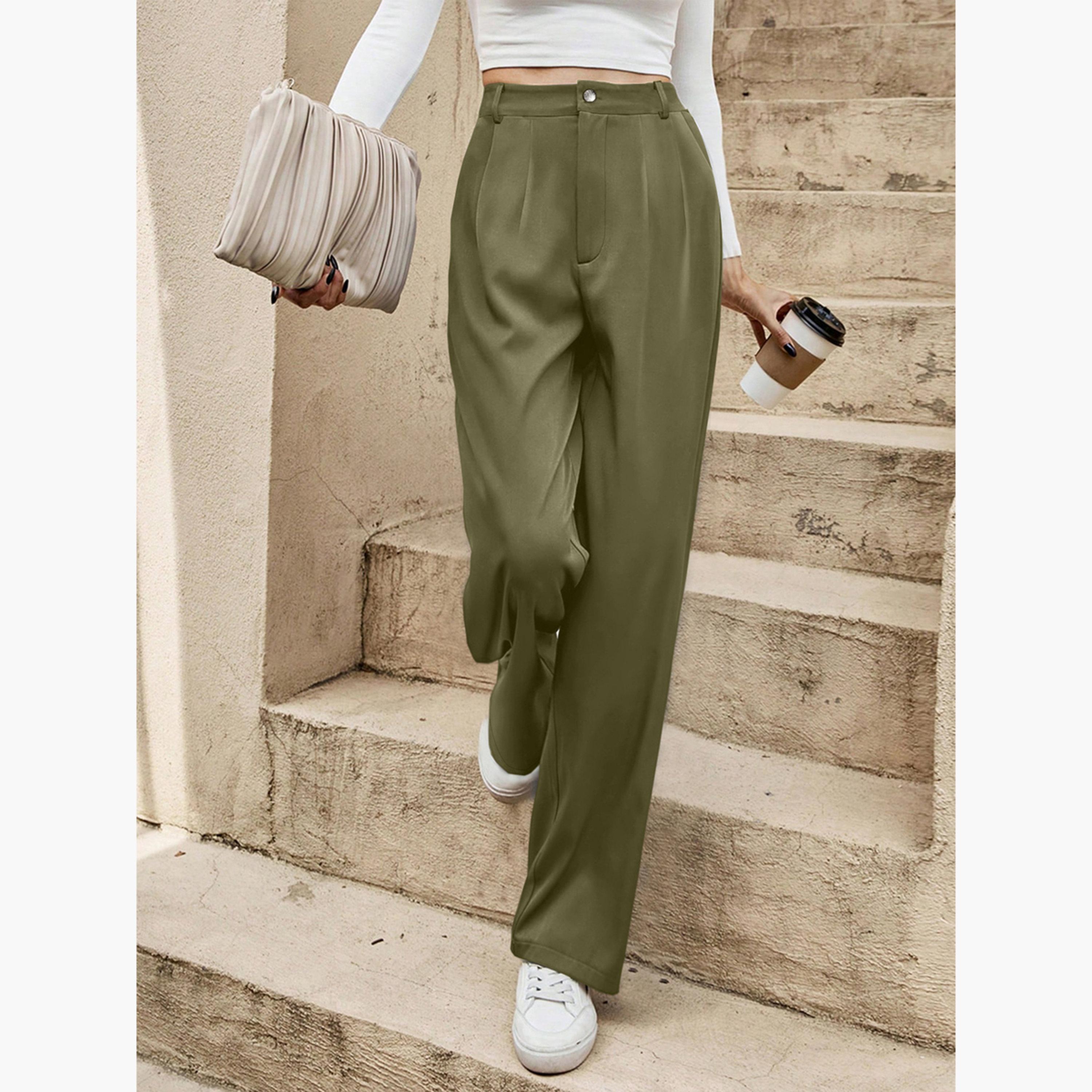 تيك تو - بنطال مستقيم الساق لون أخضر الداكن-women-clothing-bottoms-trousers-image-3