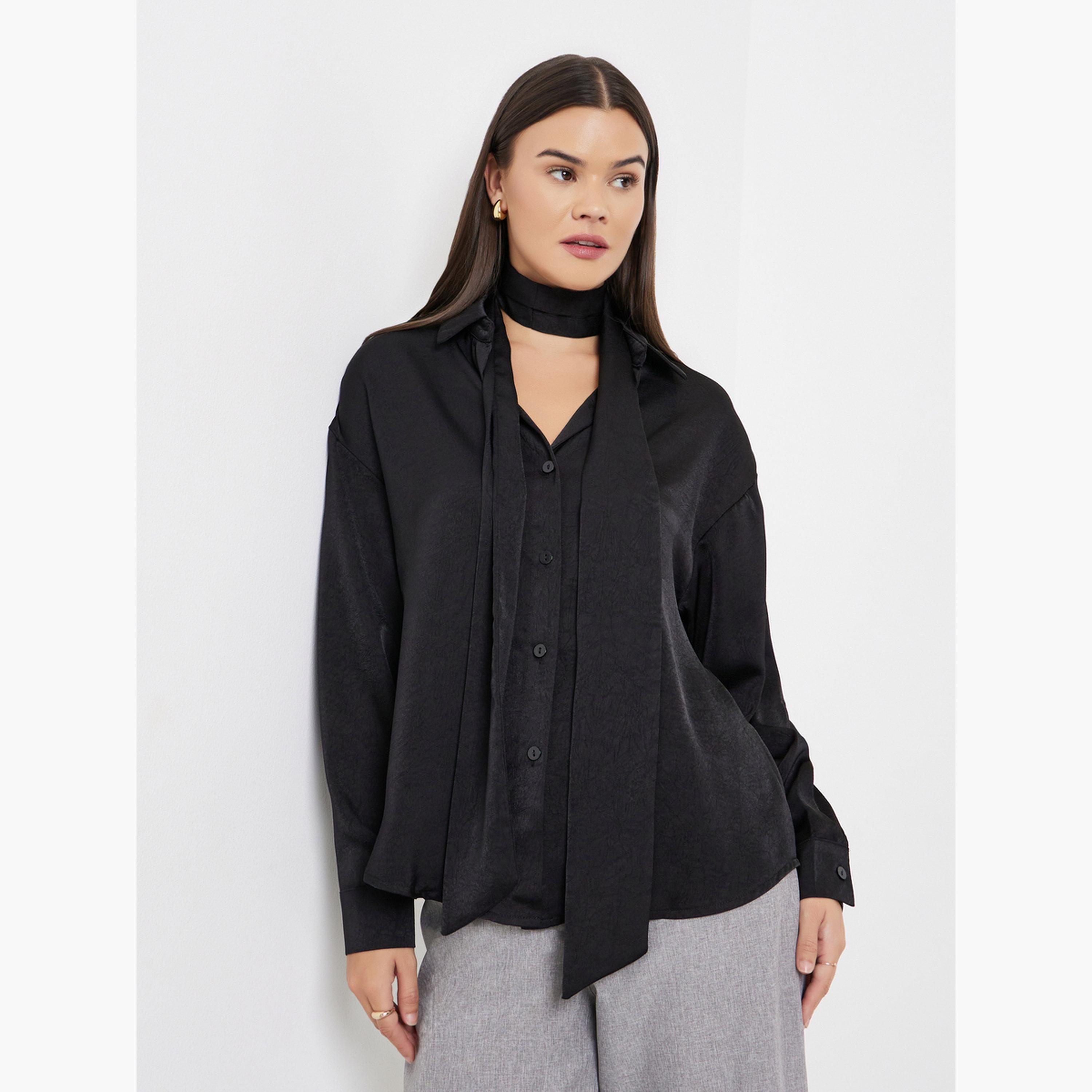 ستايلي - قميص ساتان أسود مع وشاح للرقبة-women-clothing-shirtsandblouses-shirts-image-1