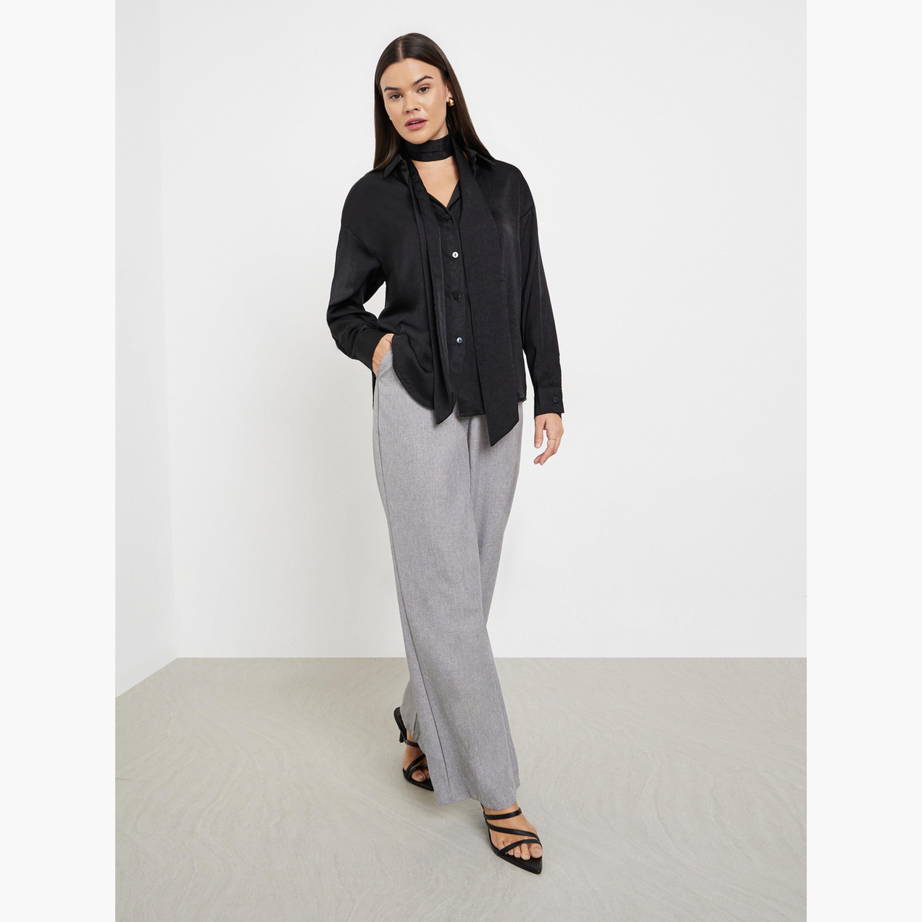 Styli Black Satin Shirt with Neck Scarf-women-clothing-shirtsandblouses-shirts-image-2