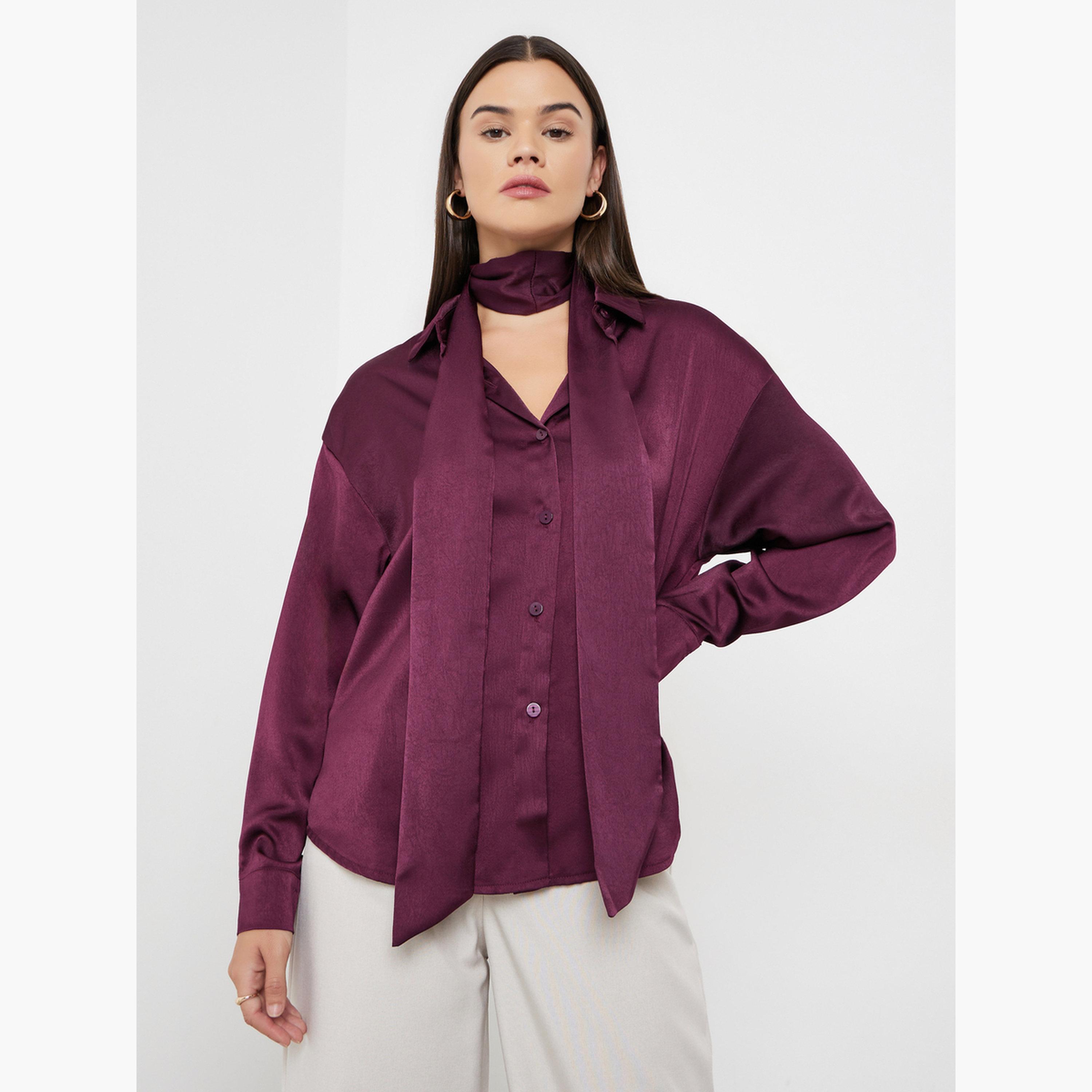 ستايلي - قميص ساتان برغندي مع وشاح للرقبة-women-clothing-shirtsandblouses-shirts-image-1