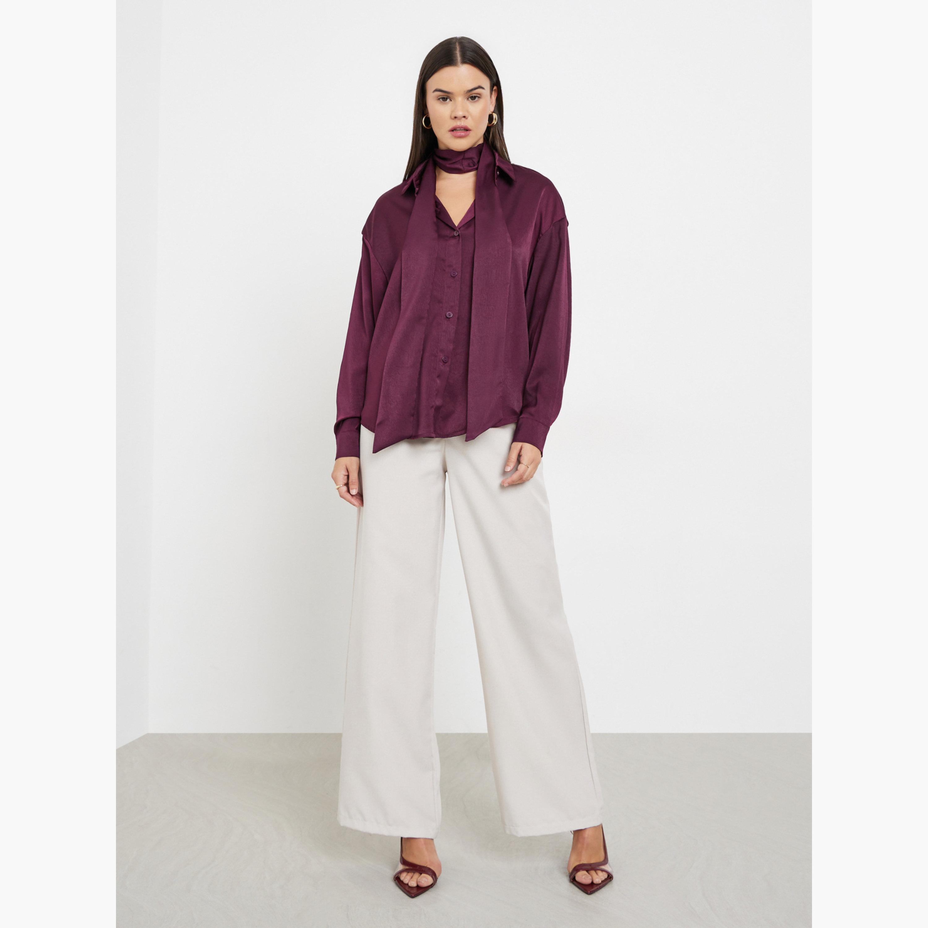 ستايلي - قميص ساتان برغندي مع وشاح للرقبة-women-clothing-shirtsandblouses-shirts-image-2