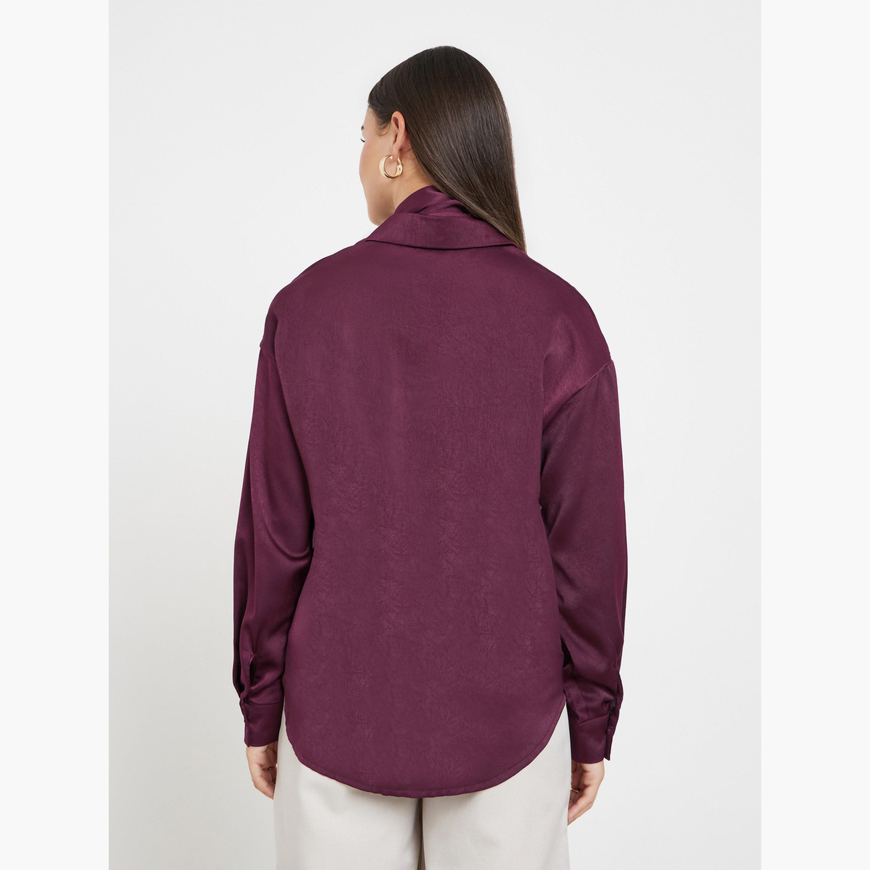 Buy Styli Burgundy Satin Shirt with Neck Scarf Online