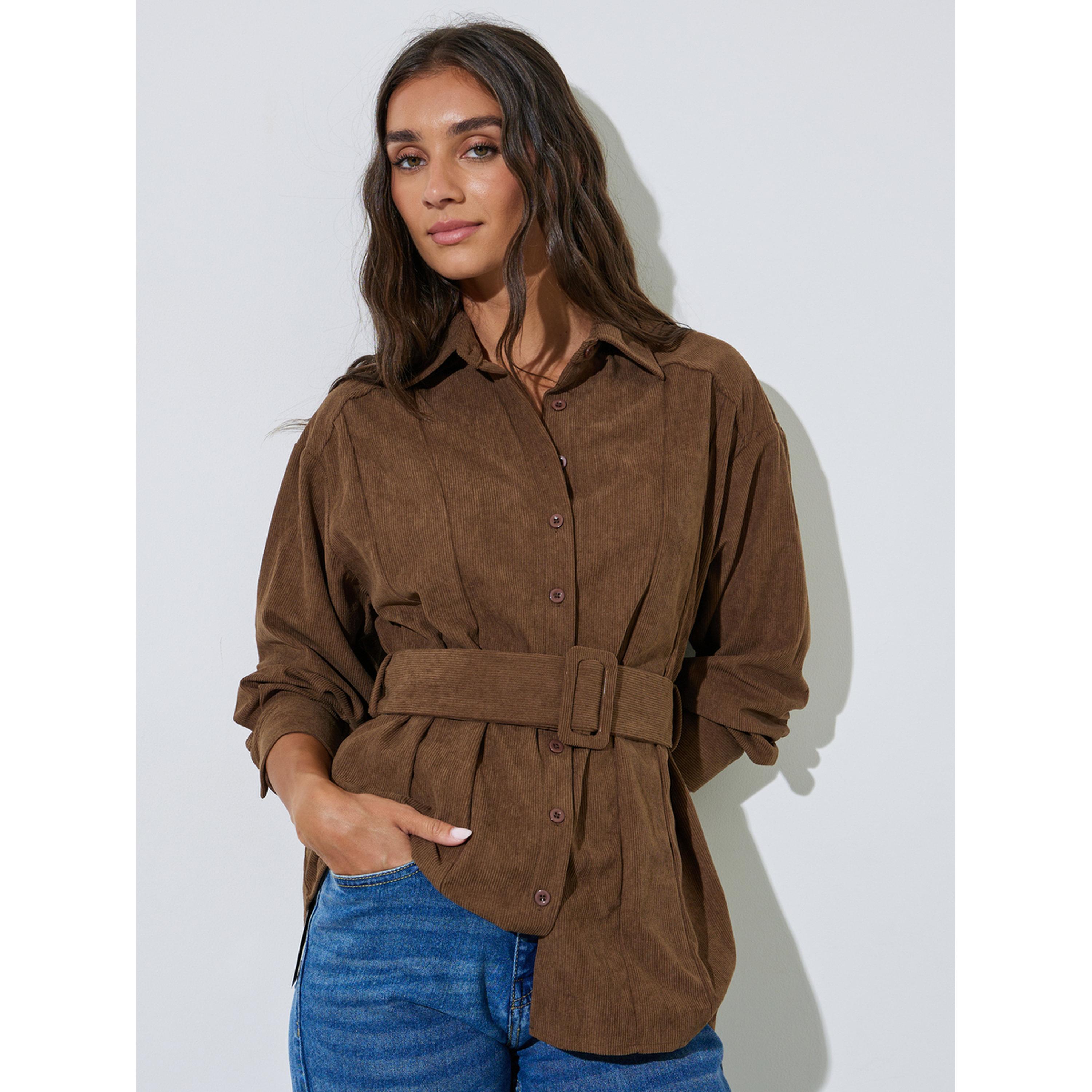 بلوزة مخمل مضلع طويلة مع حزام باللون البني-women-clothing-shirtsandblouses-shirts-image-1