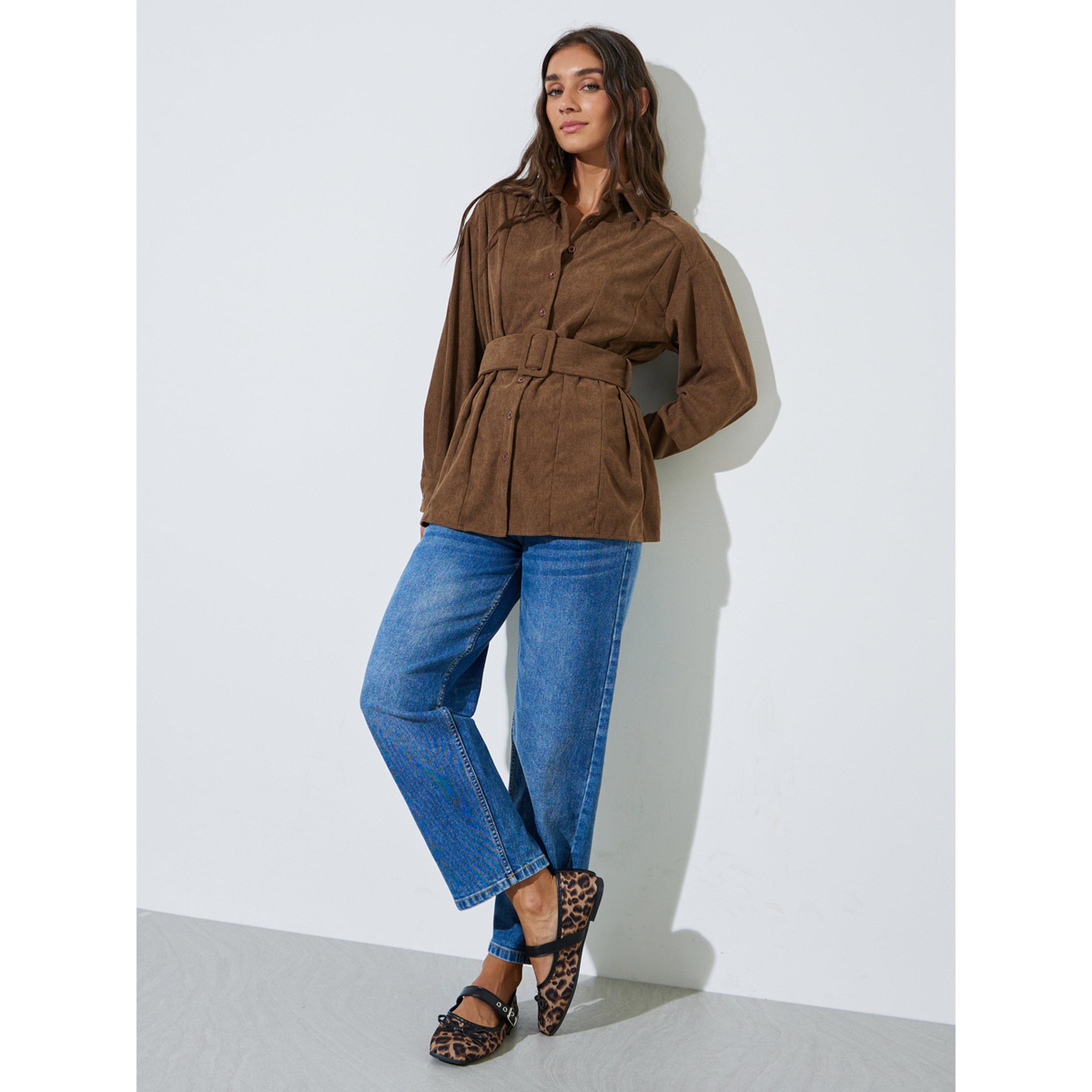 بلوزة مخمل مضلع طويلة مع حزام باللون البني-women-clothing-shirtsandblouses-shirts-image-2