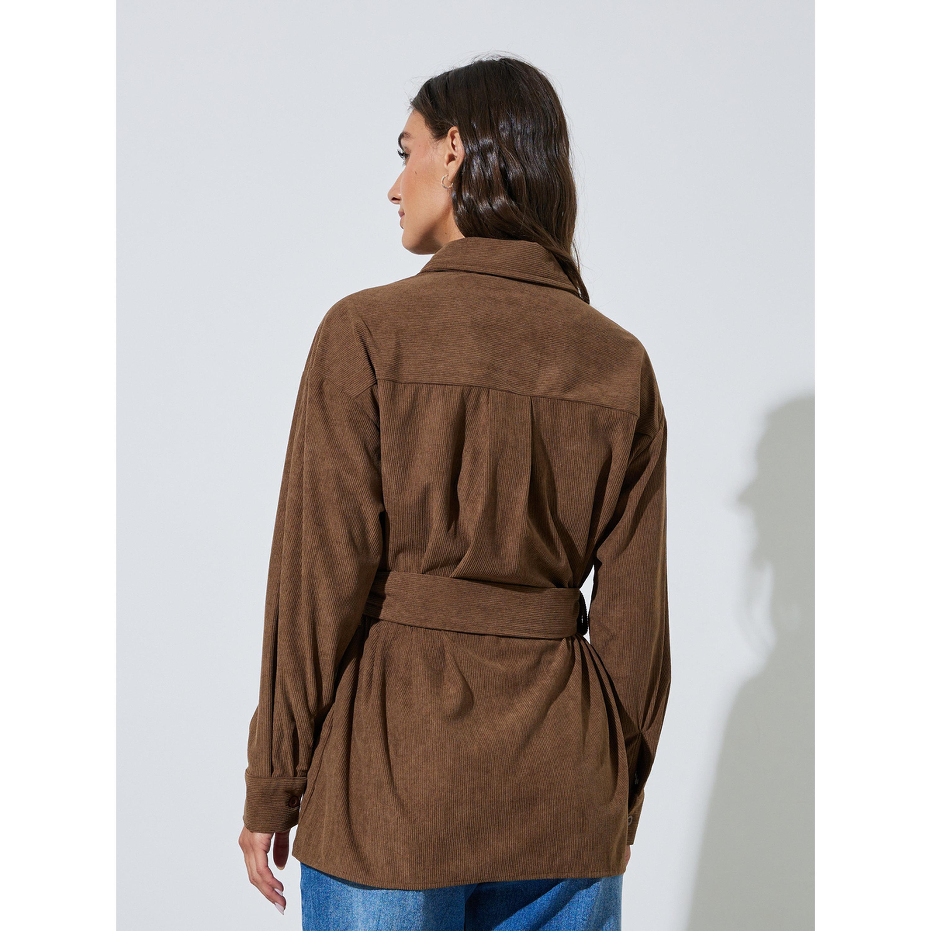 بلوزة مخمل مضلع طويلة مع حزام باللون البني-women-clothing-shirtsandblouses-shirts-image-3