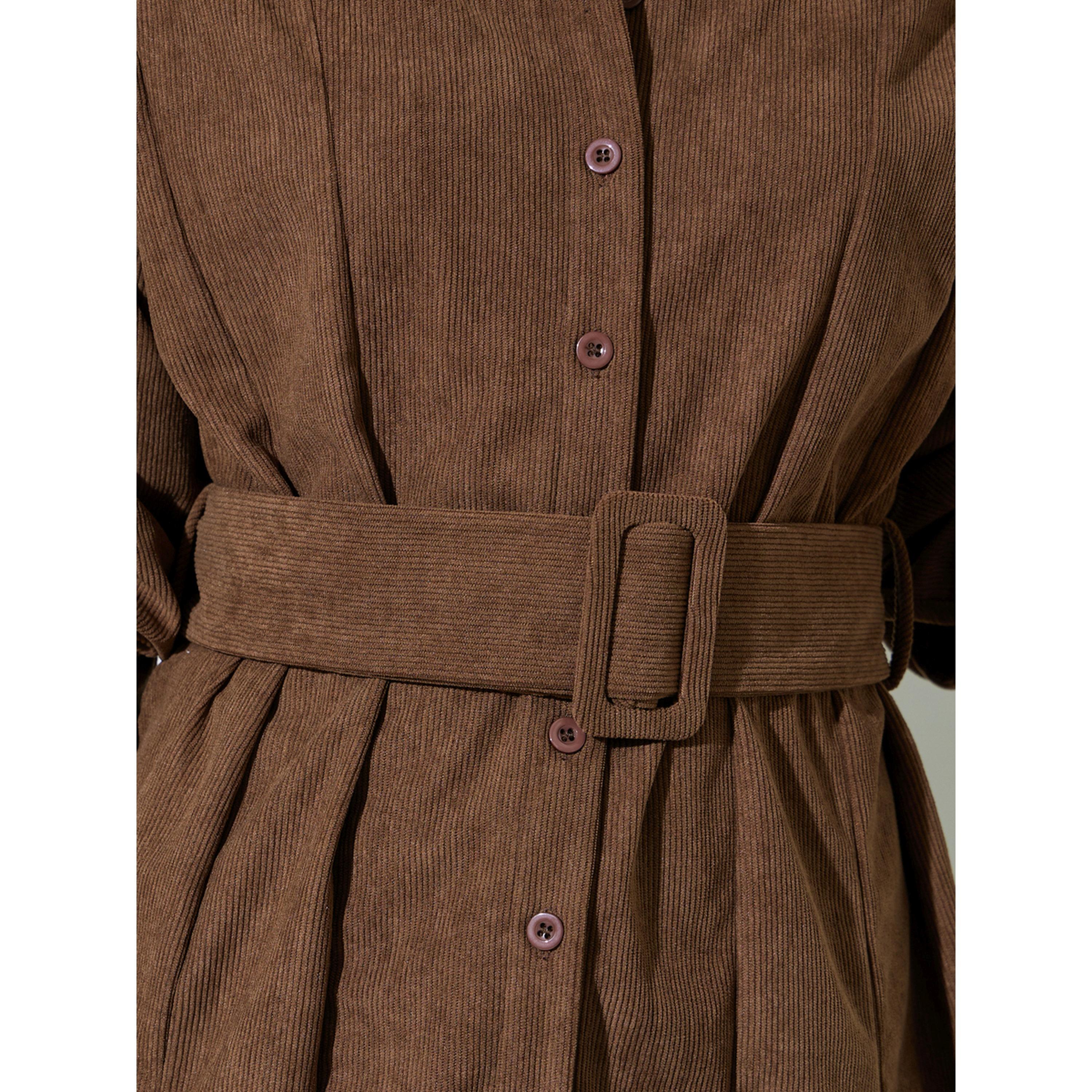 بلوزة مخمل مضلع طويلة مع حزام باللون البني-women-clothing-shirtsandblouses-shirts-image-4