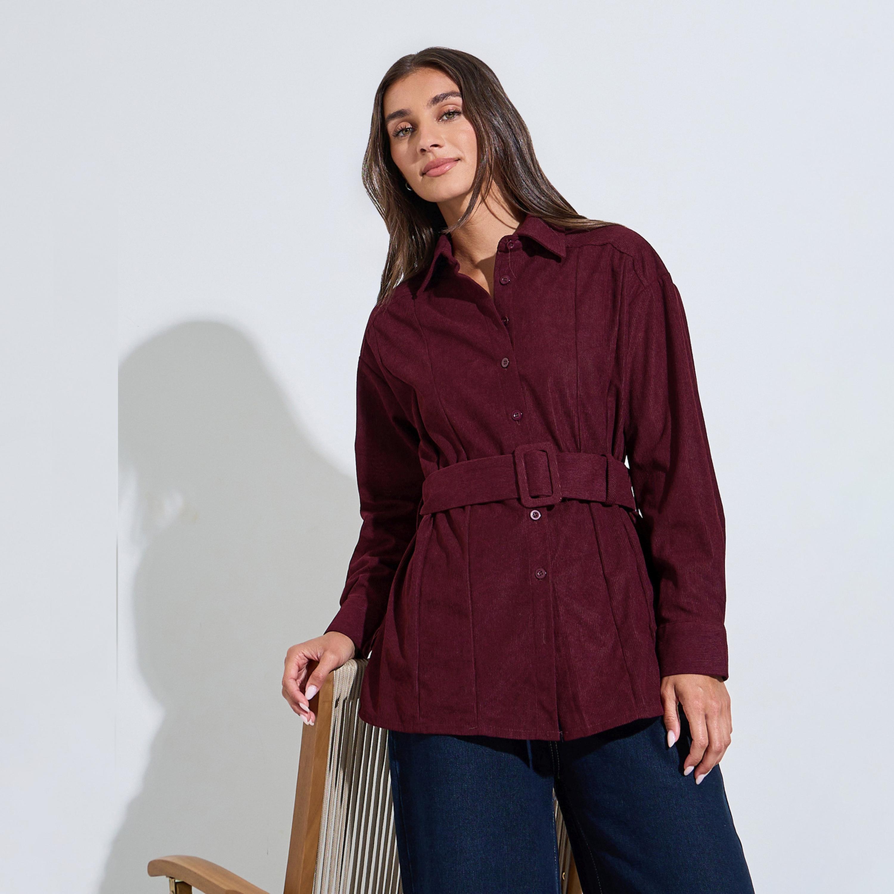 Styli Burgundy Longline Corduroy Shirt with Belt-women-clothing-shirtsandblouses-shirts-image-1