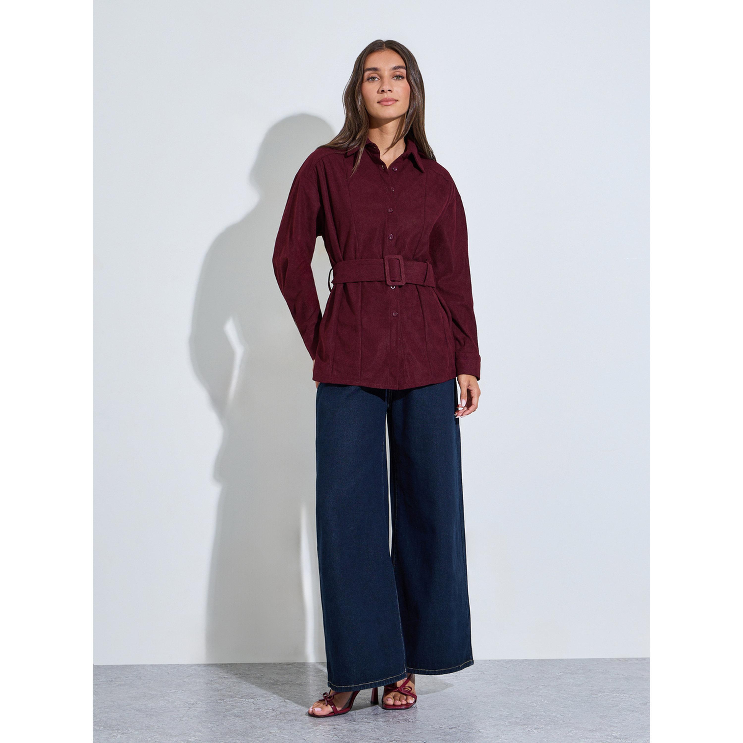 Styli Burgundy Longline Corduroy Shirt with Belt-women-clothing-shirtsandblouses-shirts-image-2