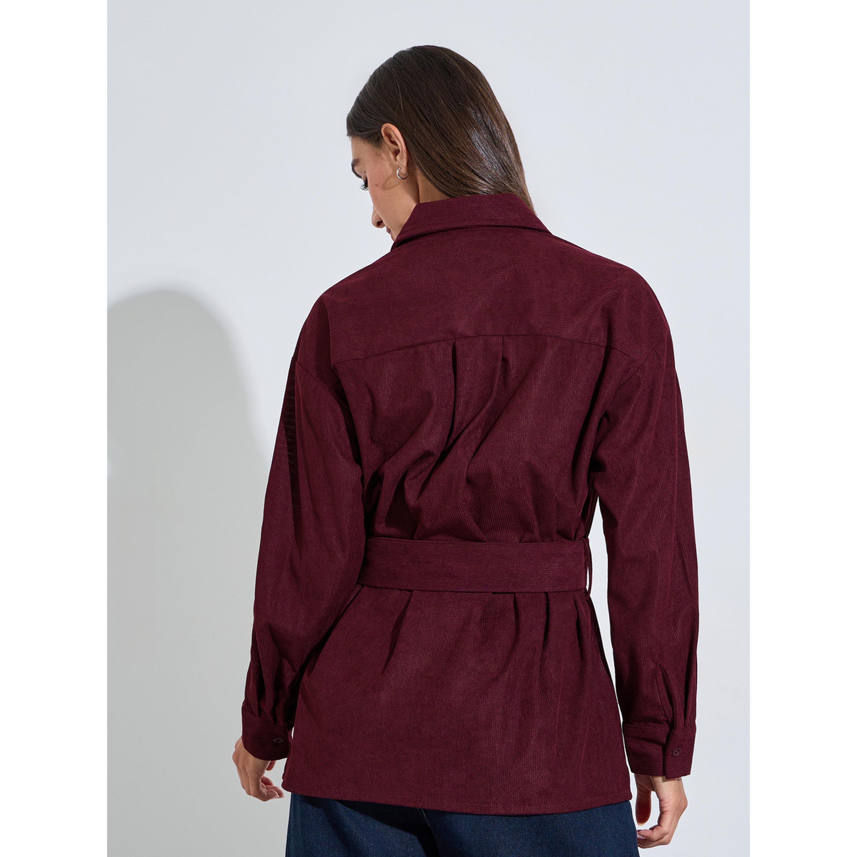 Styli Burgundy Longline Corduroy Shirt with Belt-women-clothing-shirtsandblouses-shirts-image-3