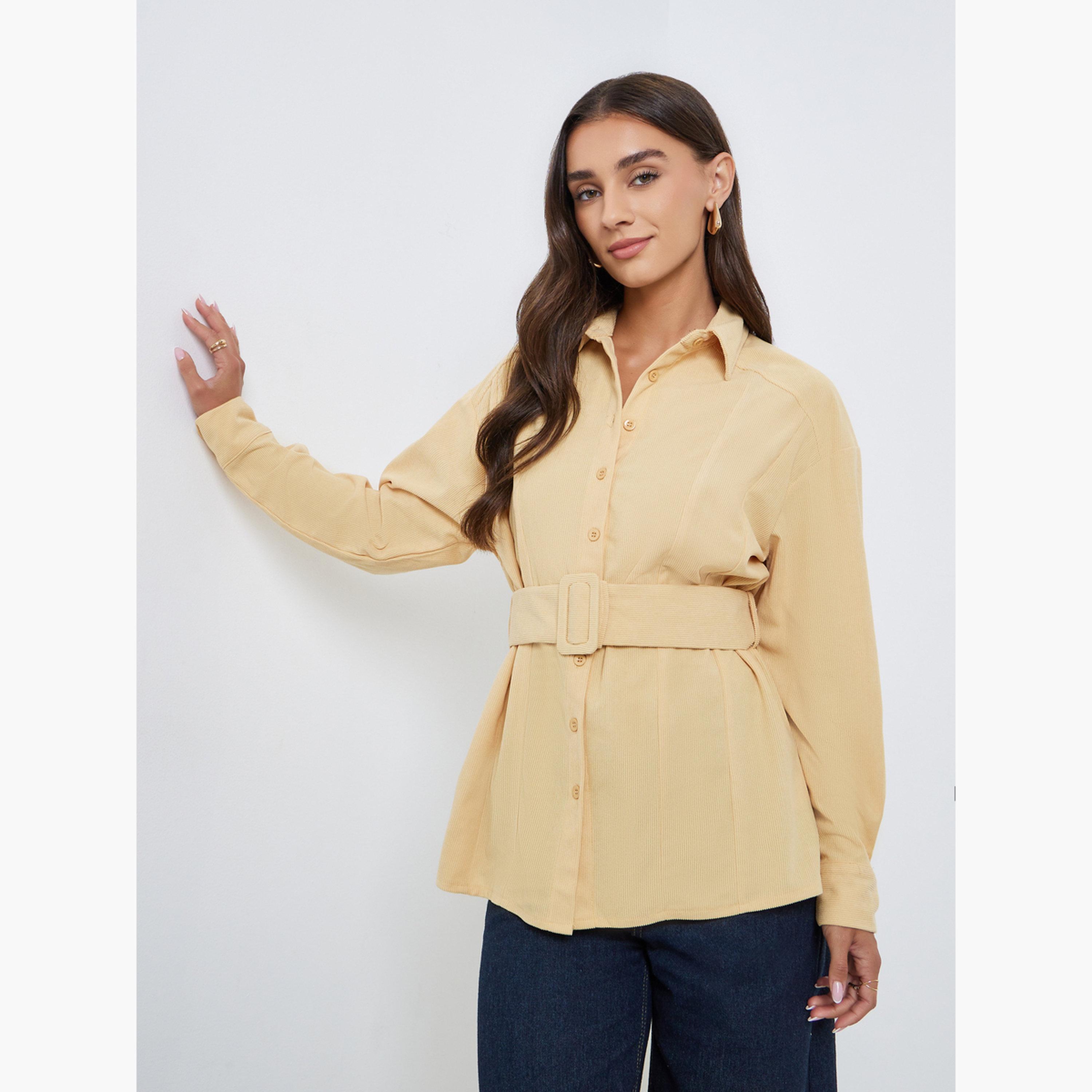 Styli Longline Corduroy Shirt with Belt-women-clothing-shirtsandblouses-shirts-image-1