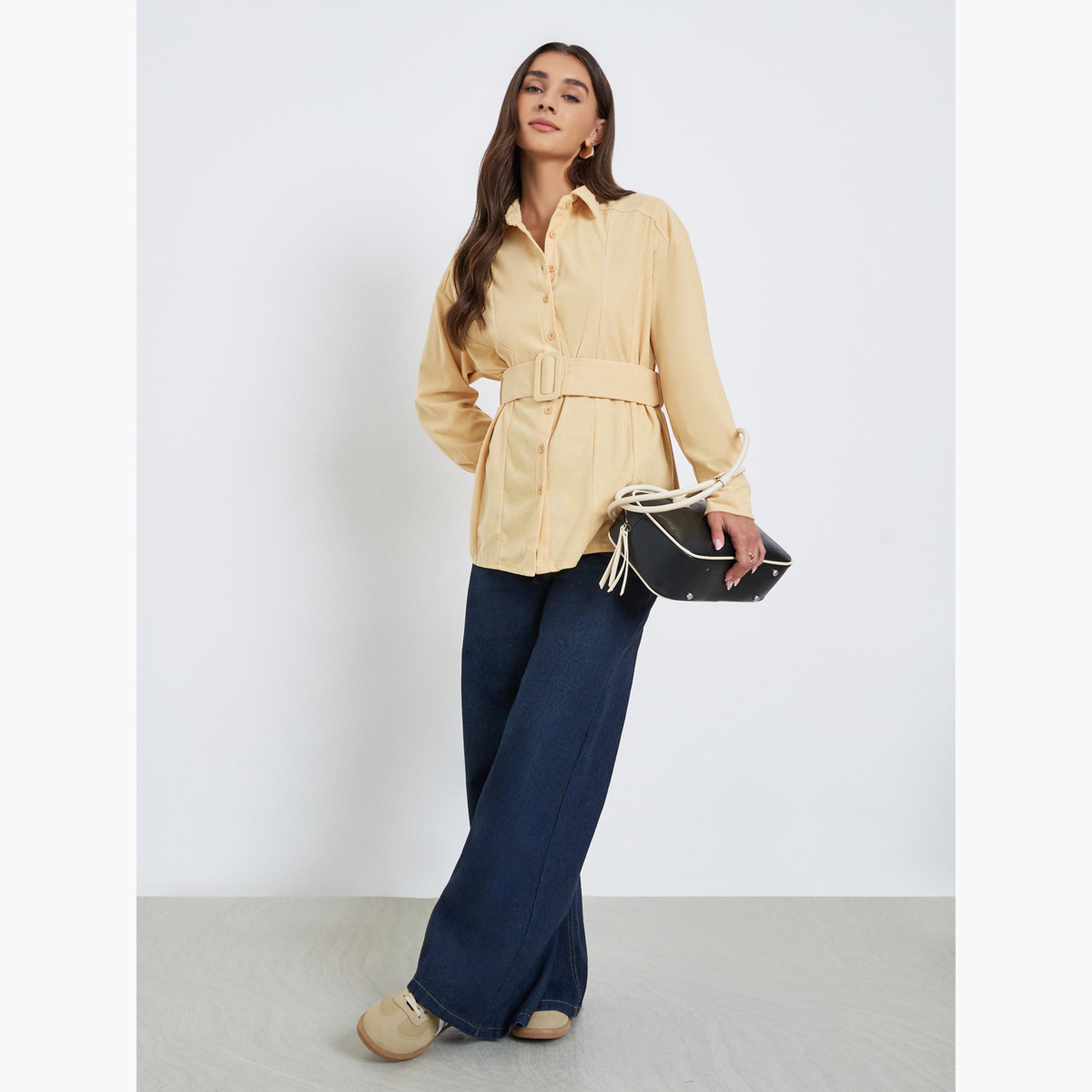 Styli Longline Corduroy Shirt with Belt-women-clothing-shirtsandblouses-shirts-image-2