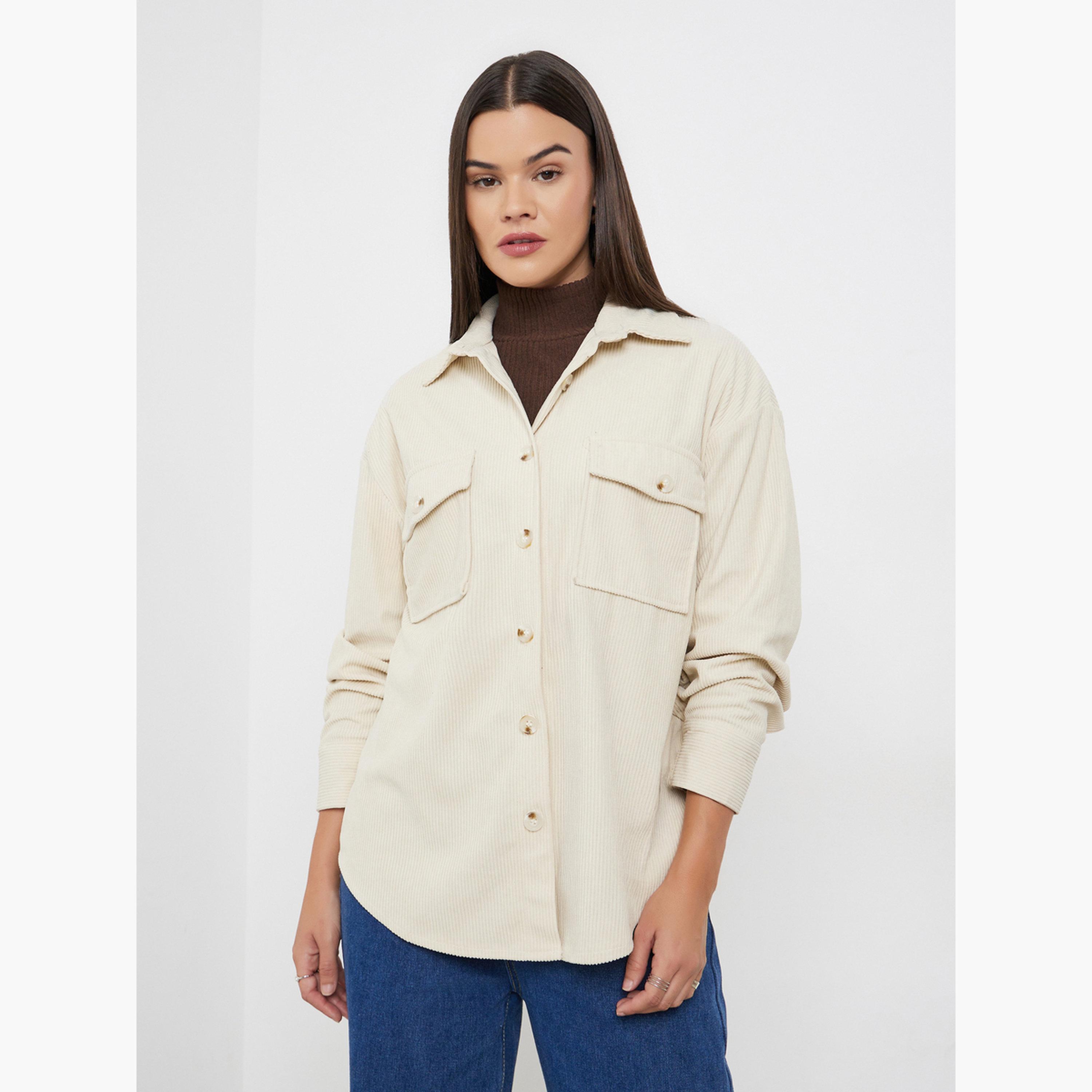 ستايلي - قميص مخملي مقاس واسع مع جيوب بغطاء-women-clothing-shirtsandblouses-shirts-image-1