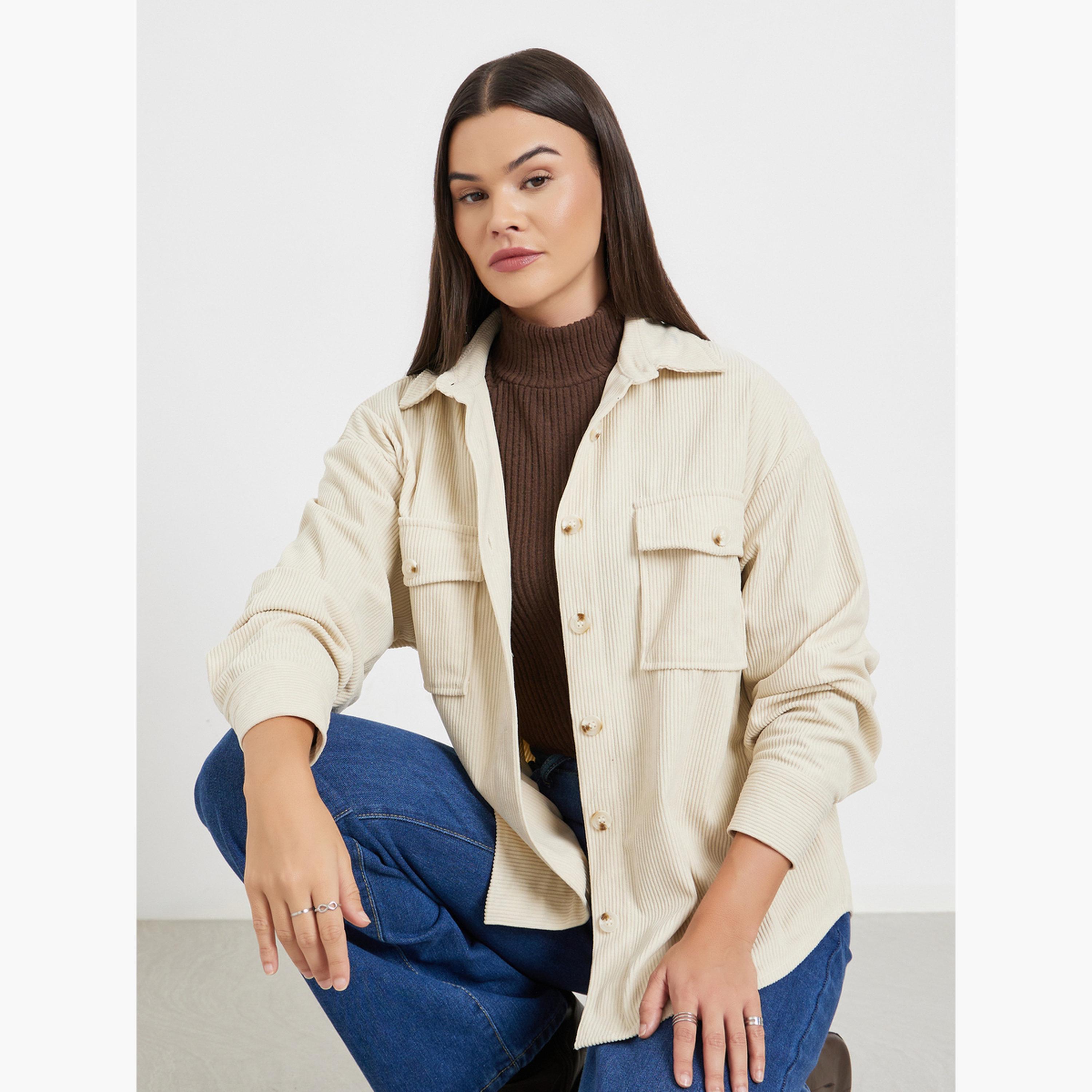 ستايلي - قميص مخملي مقاس واسع مع جيوب بغطاء-women-clothing-shirtsandblouses-shirts-image-3