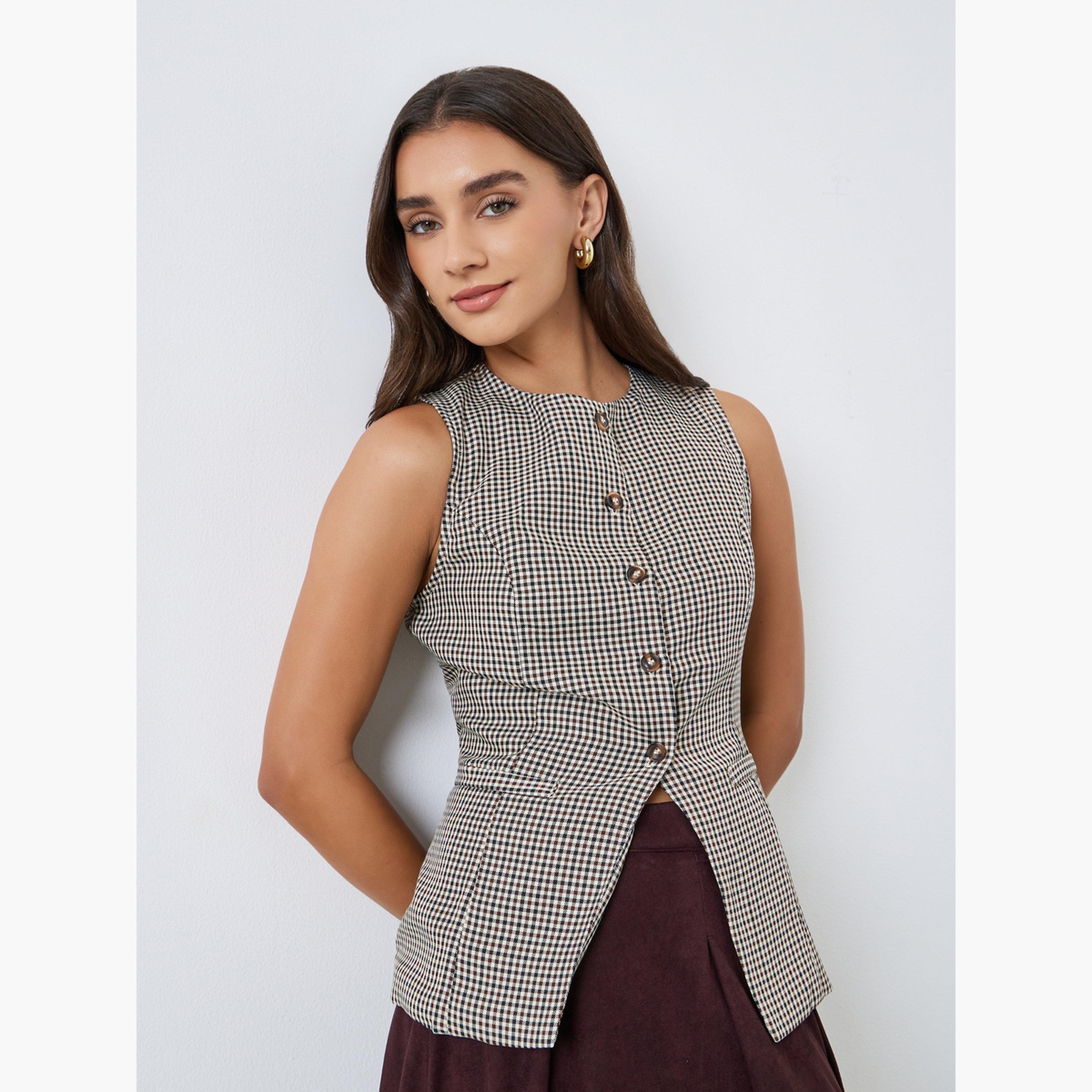 Styli Gingham Checked Round Neck Sleeveless Women's Buttoned Waistcoat-women-winterwear-coatsandjackets-waistcoats-image-1