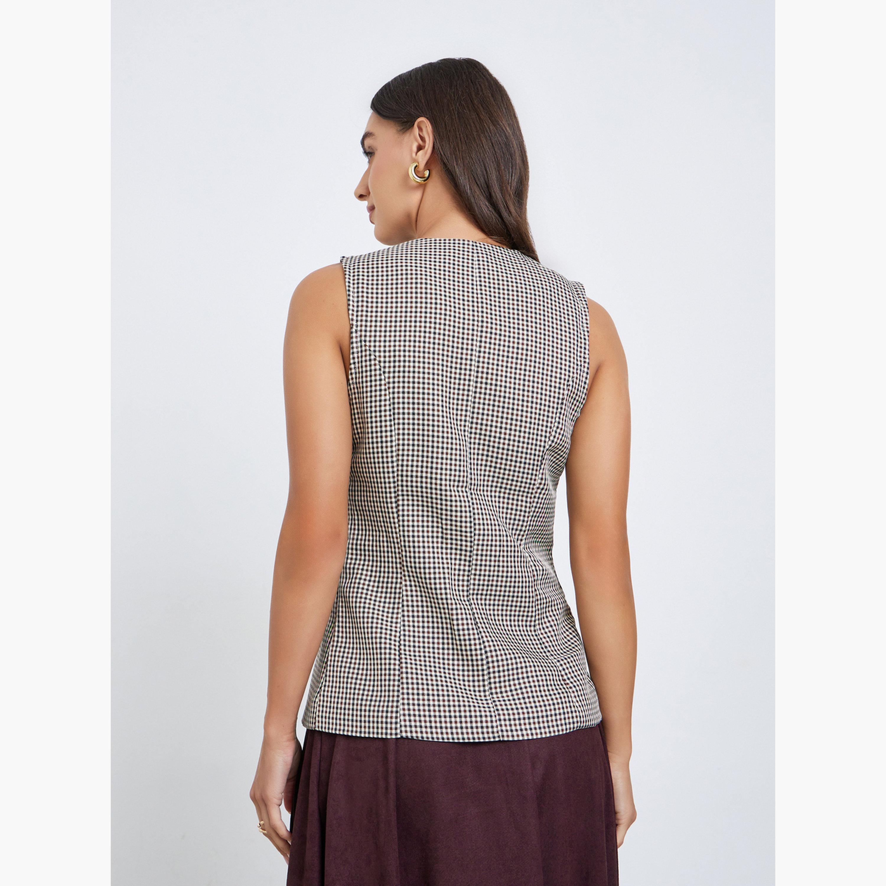 ستايلي - سترة بدون أكمام منقوشة بنقشة مربعات-women-winterwear-coatsandjackets-waistcoats-image-3