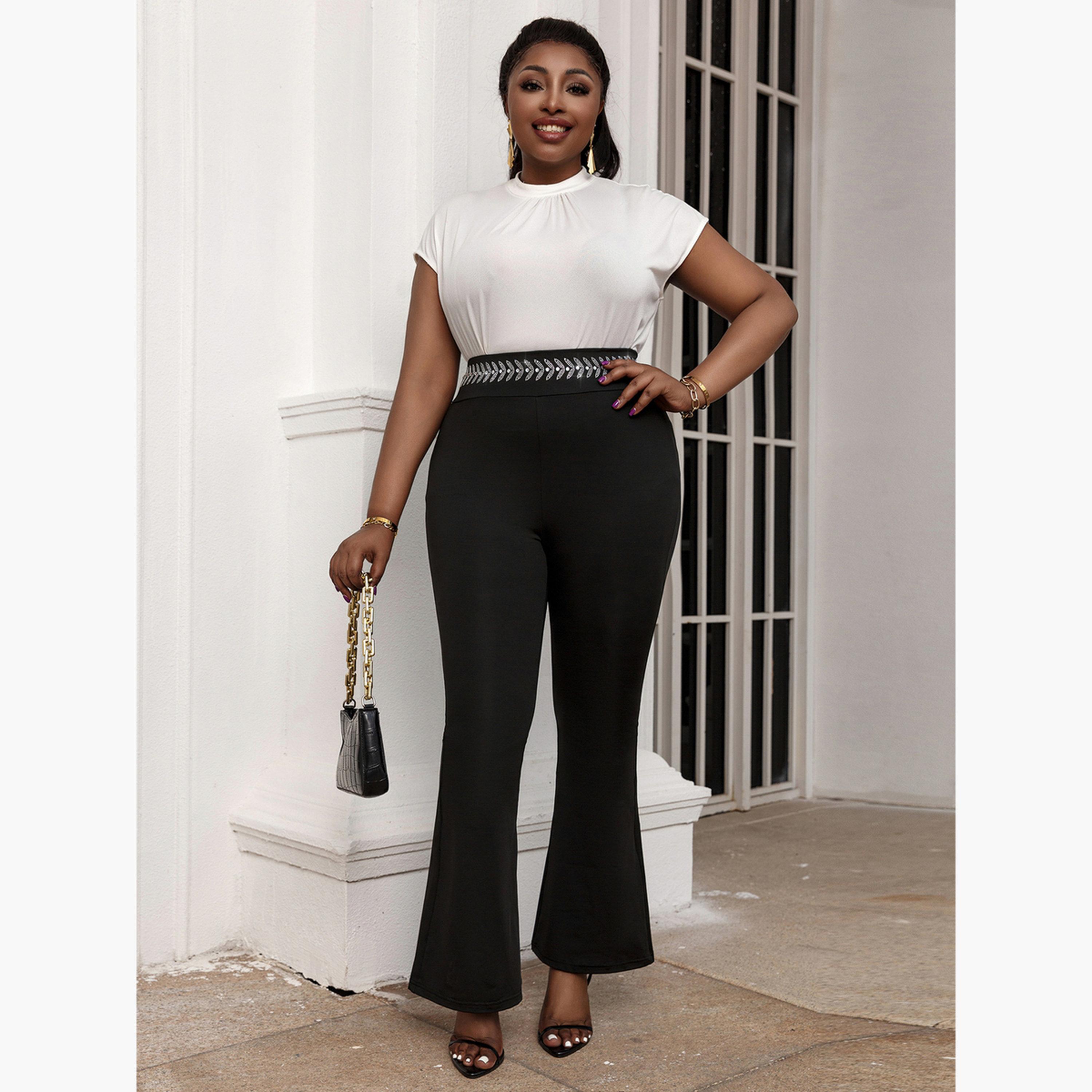 تيك تو - بنطال أسود واسع بحزام خصر مزخرف-women-clothing-bottoms-trousers-image-2