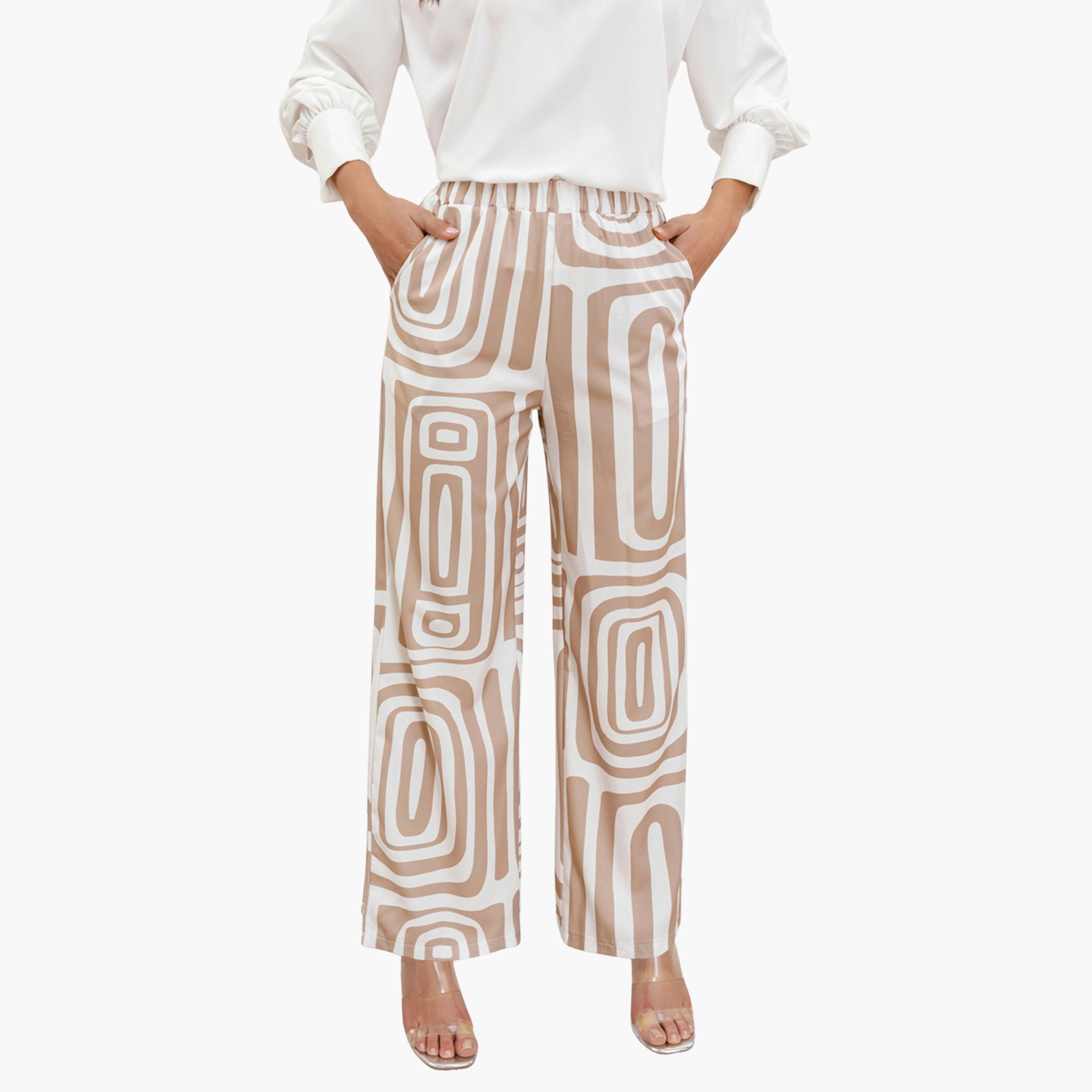 تيك تو - بنطال نسائي واسع الساق بطبعة جغرافية-women-clothing-bottoms-trousers-image-1
