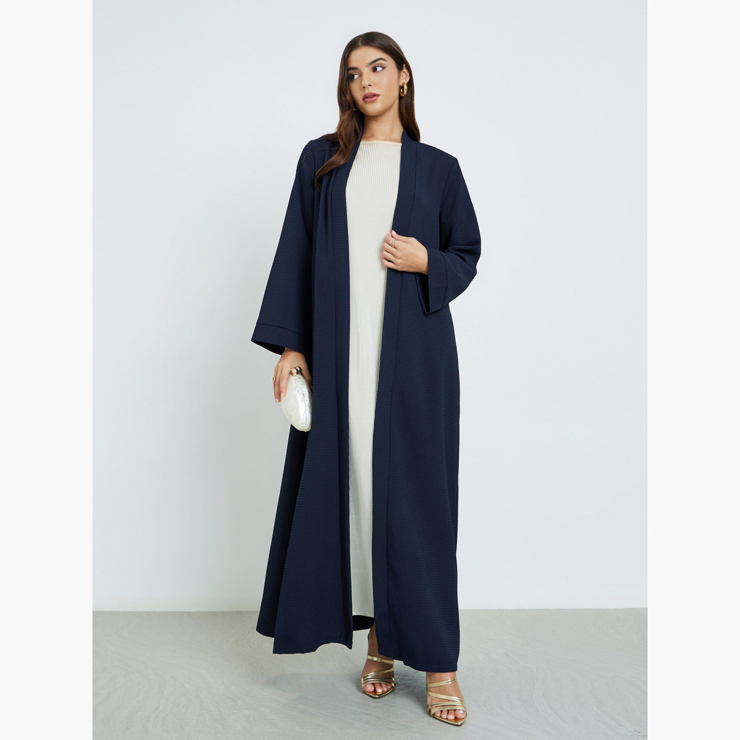 Styli Navy Blue Textured Open Front Abaya-women-arabicclothing-abayas-image-1