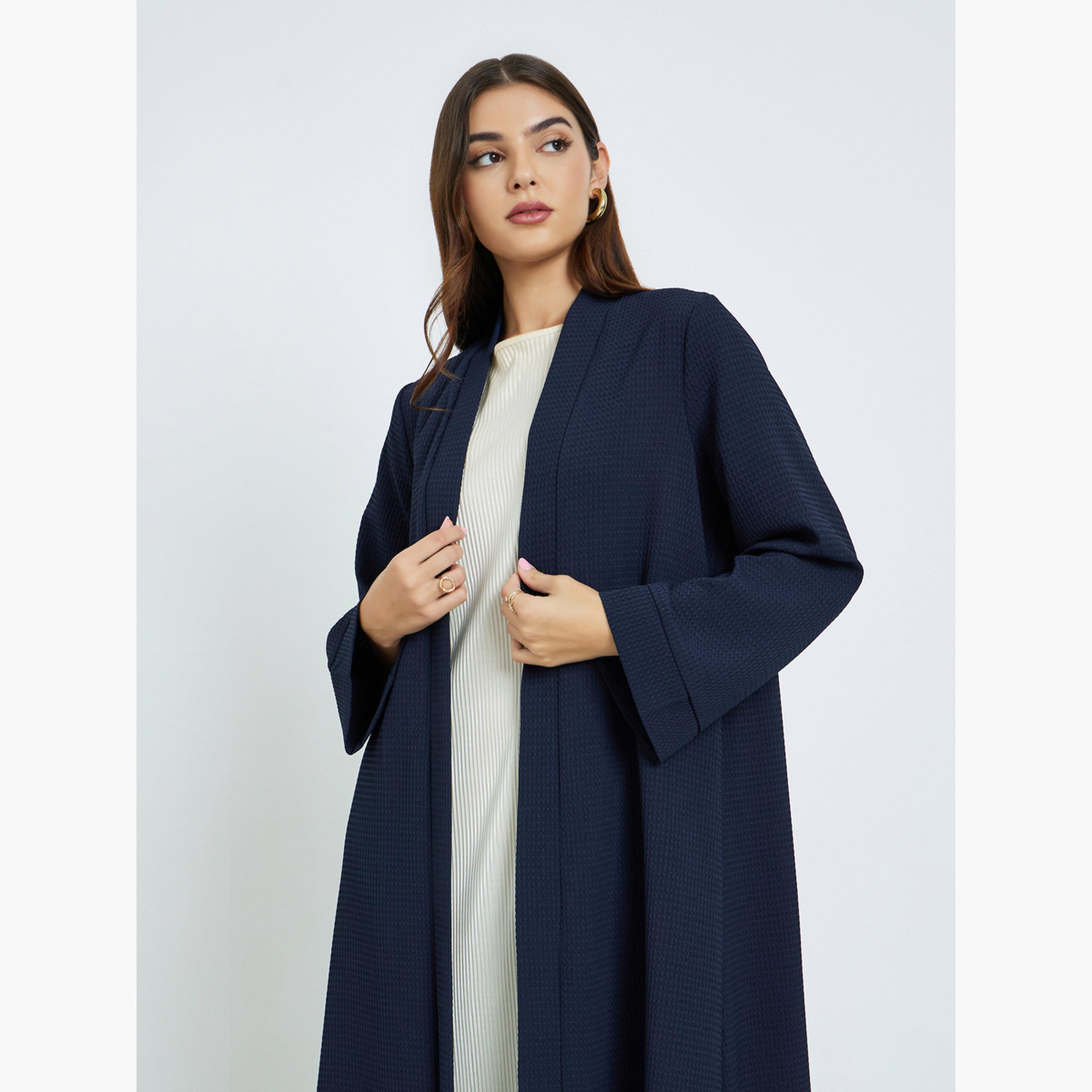 Styli Navy Blue Textured Open Front Abaya-women-arabicclothing-abayas-image-2