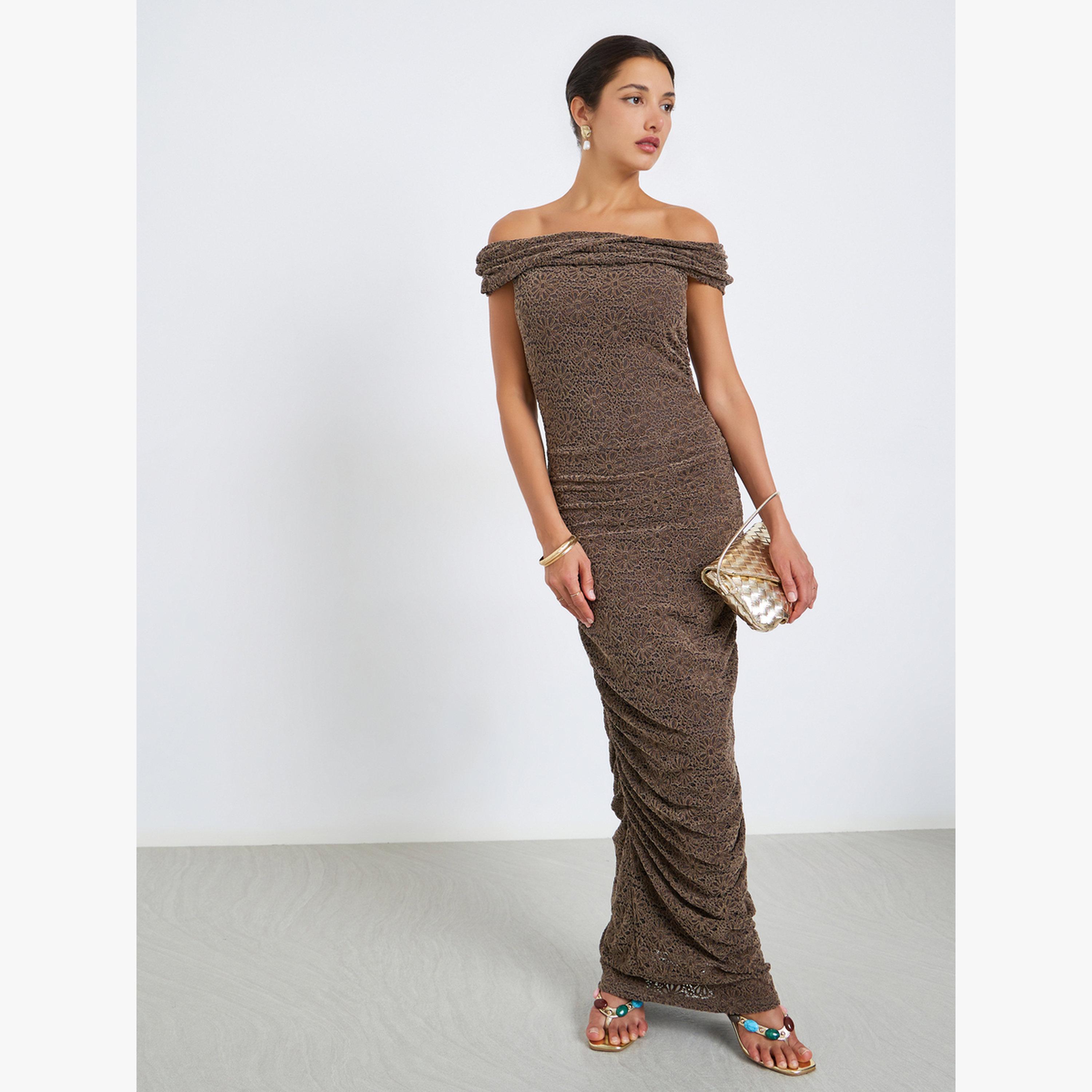 Styli Women Brown Off Shoulder Bodycon Midi Dress-women-clothing-dresses-image-1