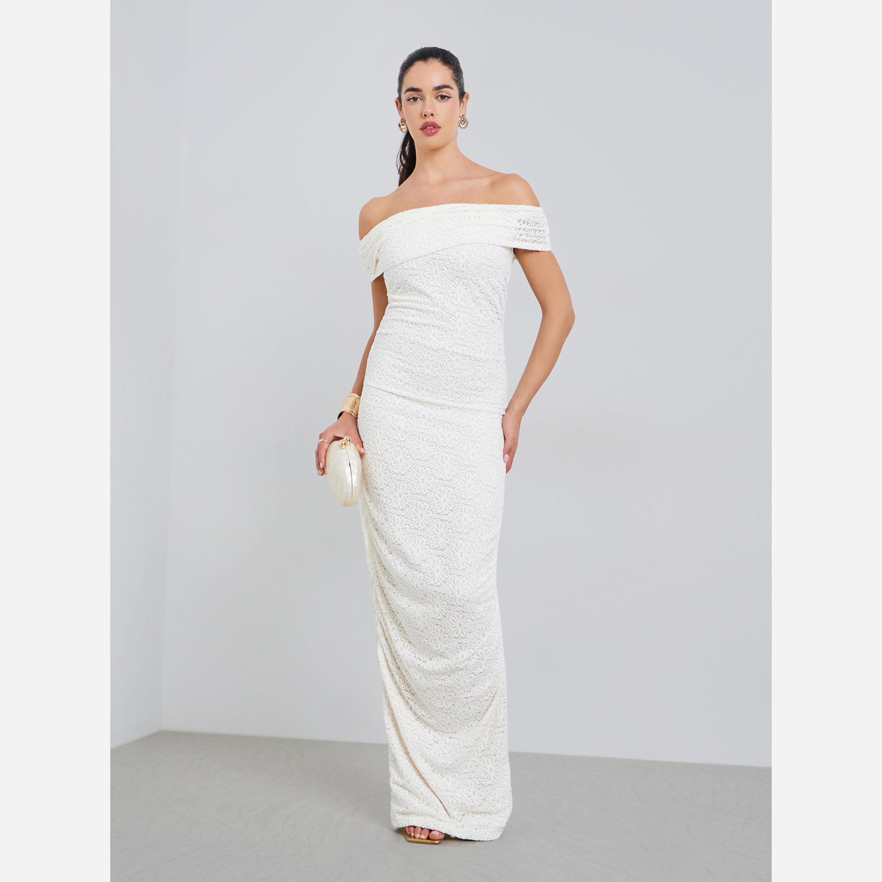 Styli Women Cream Lace Off-Shoulder Maxi Dress-women-clothing-dresses-image-2