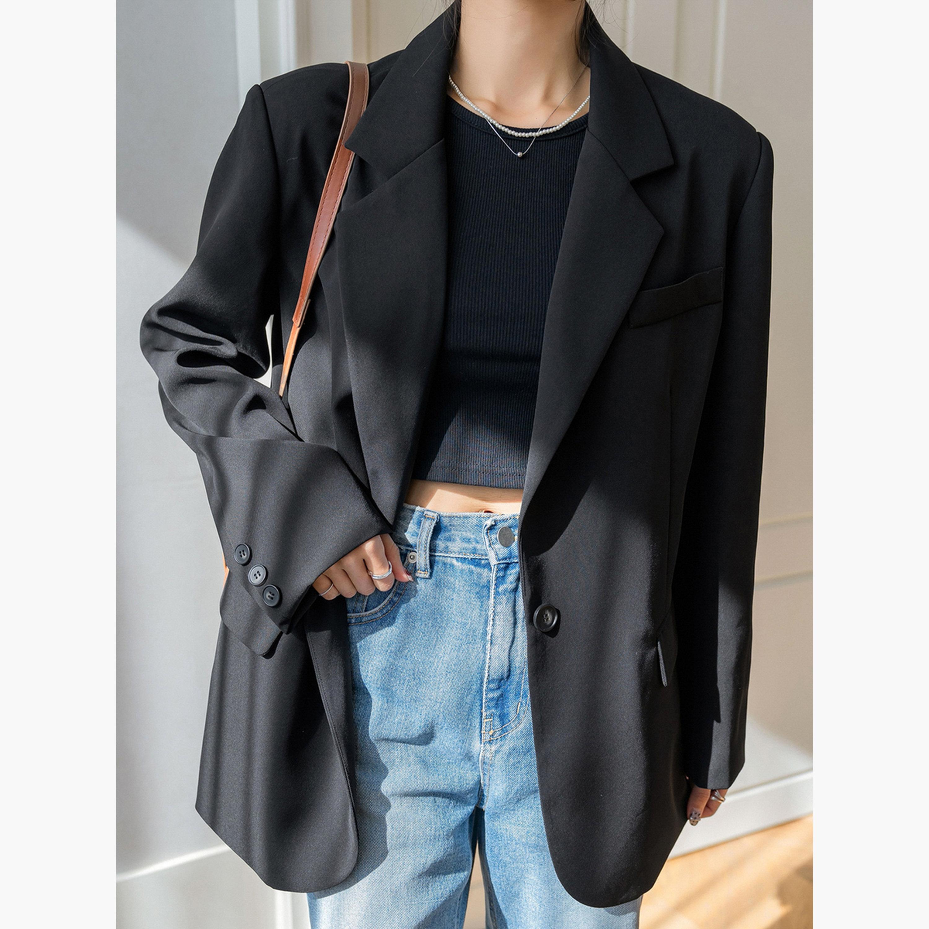 Take Two Black Solid Lapel Collar Long Sleeves Women's Buttoned Blazer with Back Split Detail-women-clothing-coatsandjackets-blazers-image-5