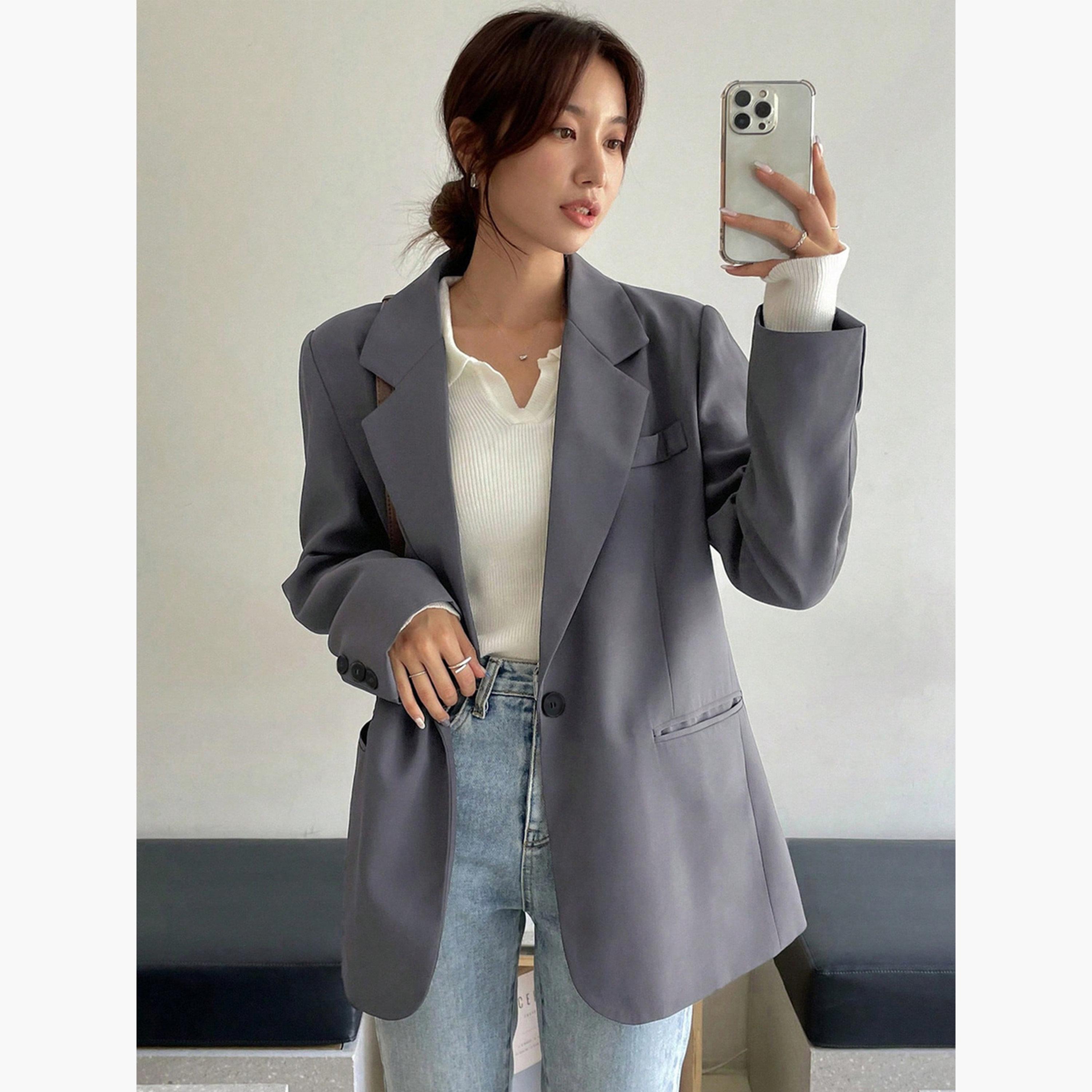 Take Two Grey Solid Lapel Collar Long Sleeves Women's Buttoned Blazer with Back Split Detail-women-clothing-coatsandjackets-blazers-image-1