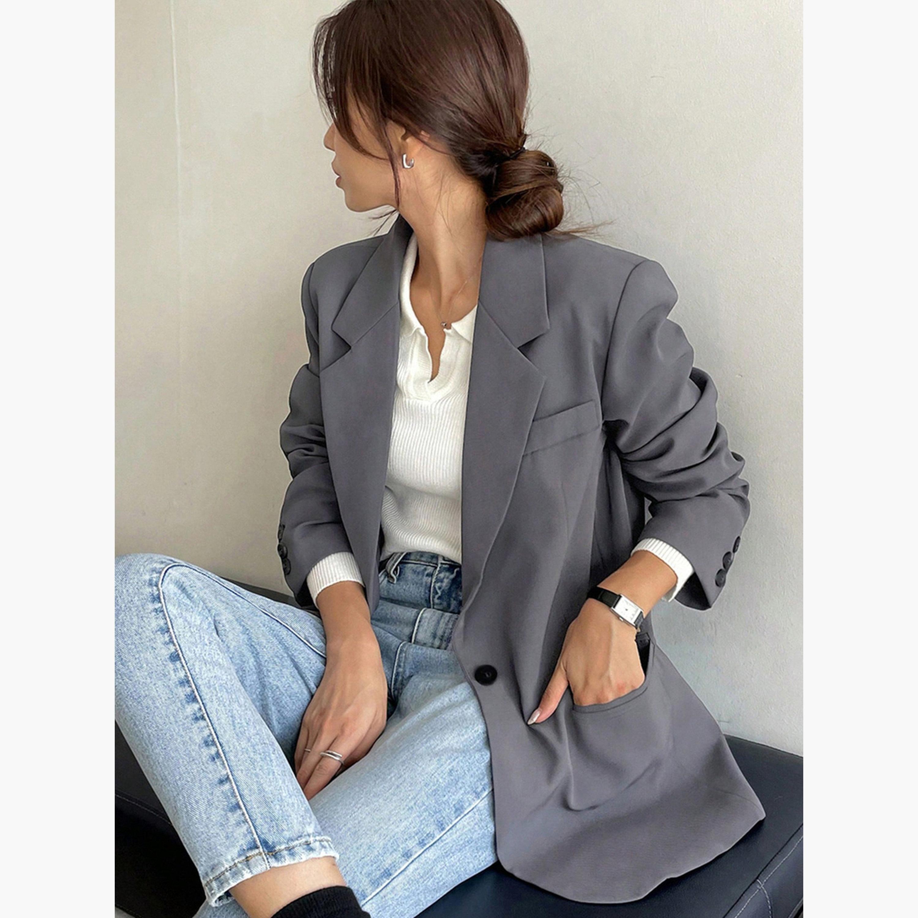Take Two Grey Solid Lapel Collar Long Sleeves Women's Buttoned Blazer with Back Split Detail-women-clothing-coatsandjackets-blazers-image-2
