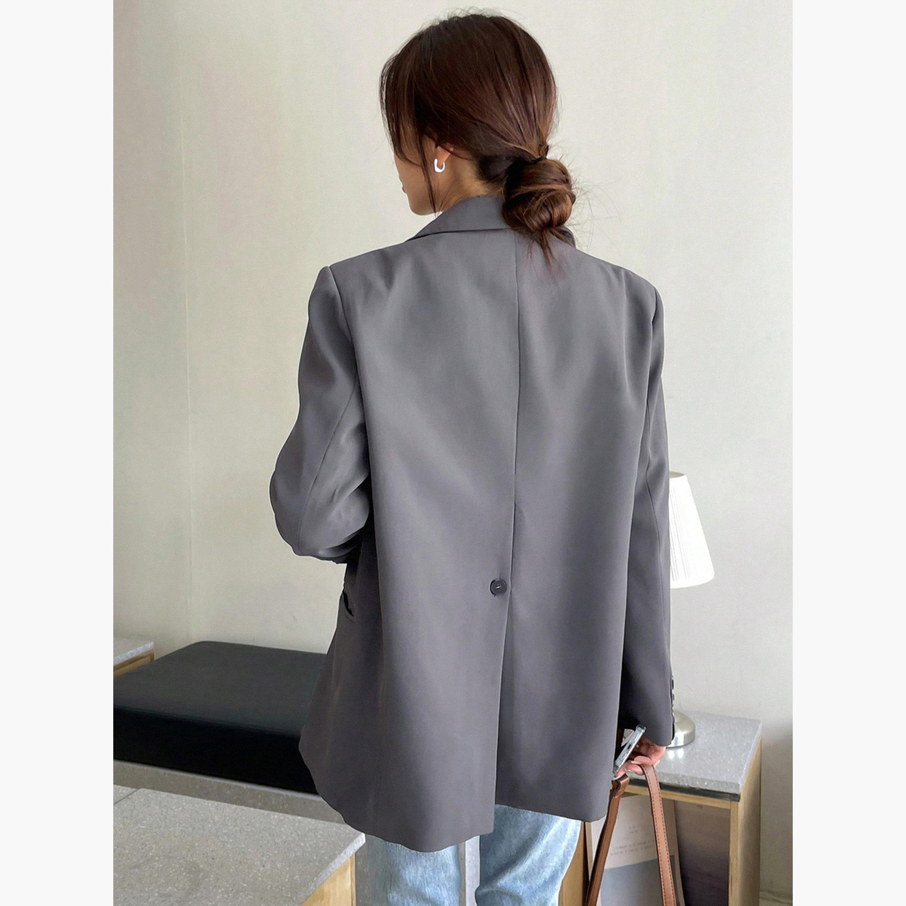Take Two Grey Solid Lapel Collar Long Sleeves Women's Buttoned Blazer with Back Split Detail-women-clothing-coatsandjackets-blazers-image-3