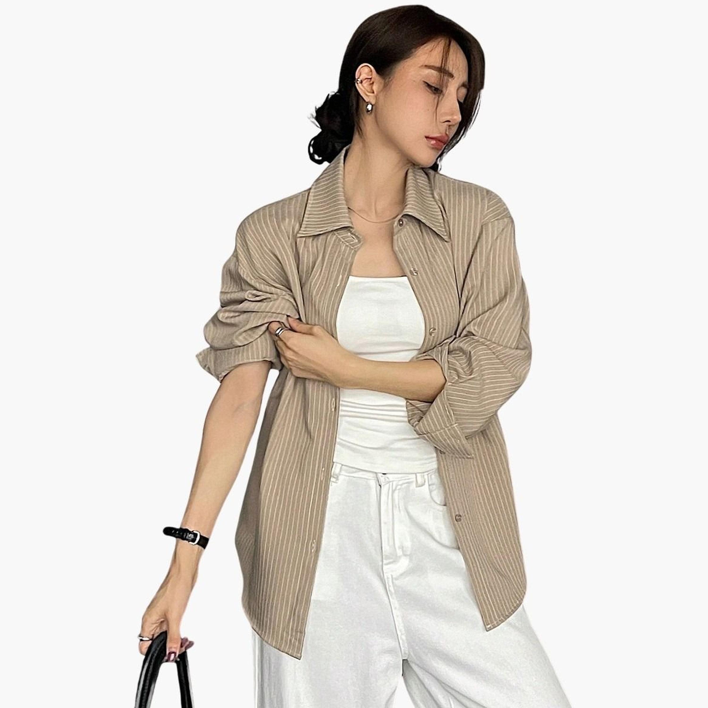 تيك تو - قميص مخطط بأكمام طويلة وقصة مريحة للنساء-women-clothing-shirtsandblouses-shirts-image-1