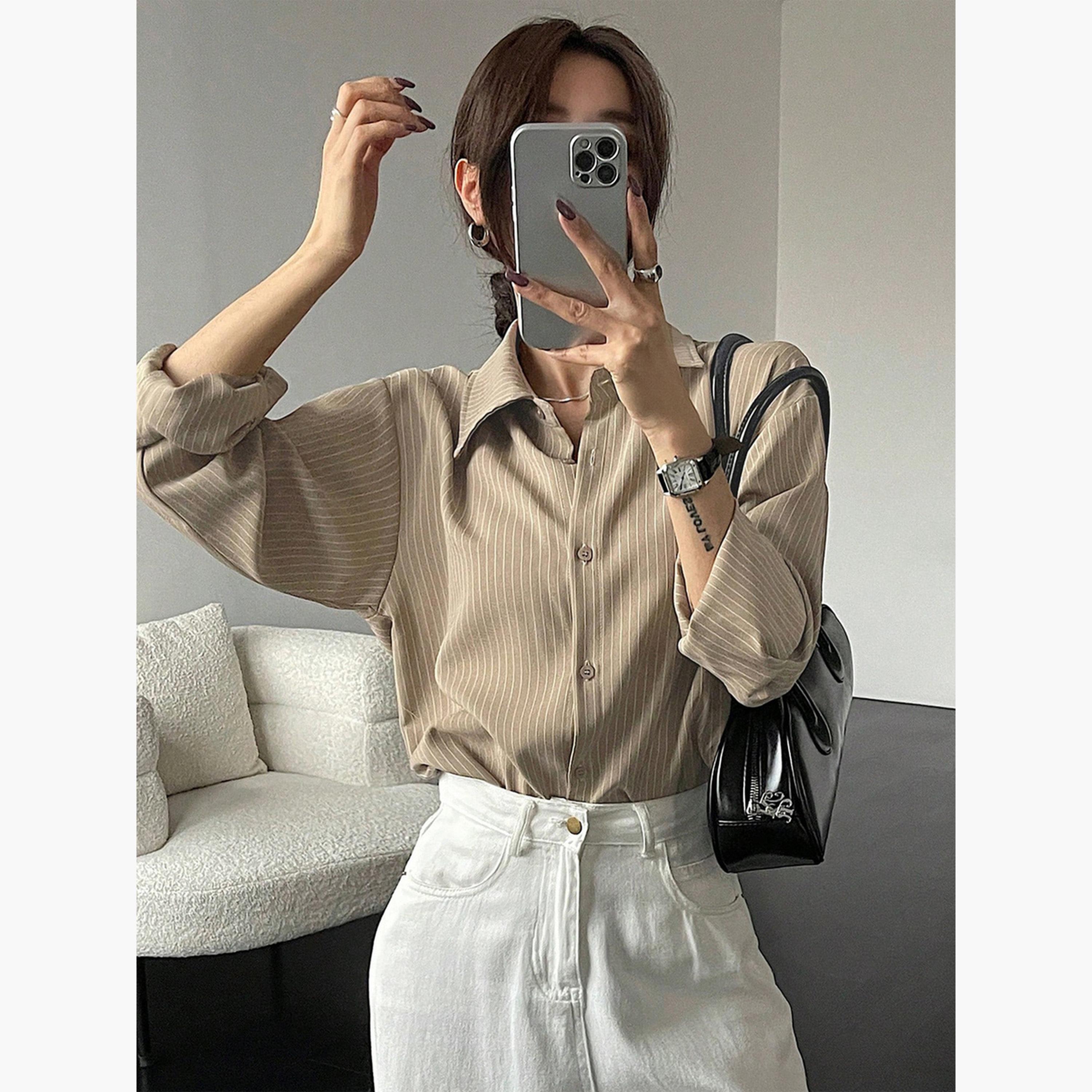 تيك تو - قميص مخطط بأكمام طويلة وقصة مريحة للنساء-women-clothing-shirtsandblouses-shirts-image-2