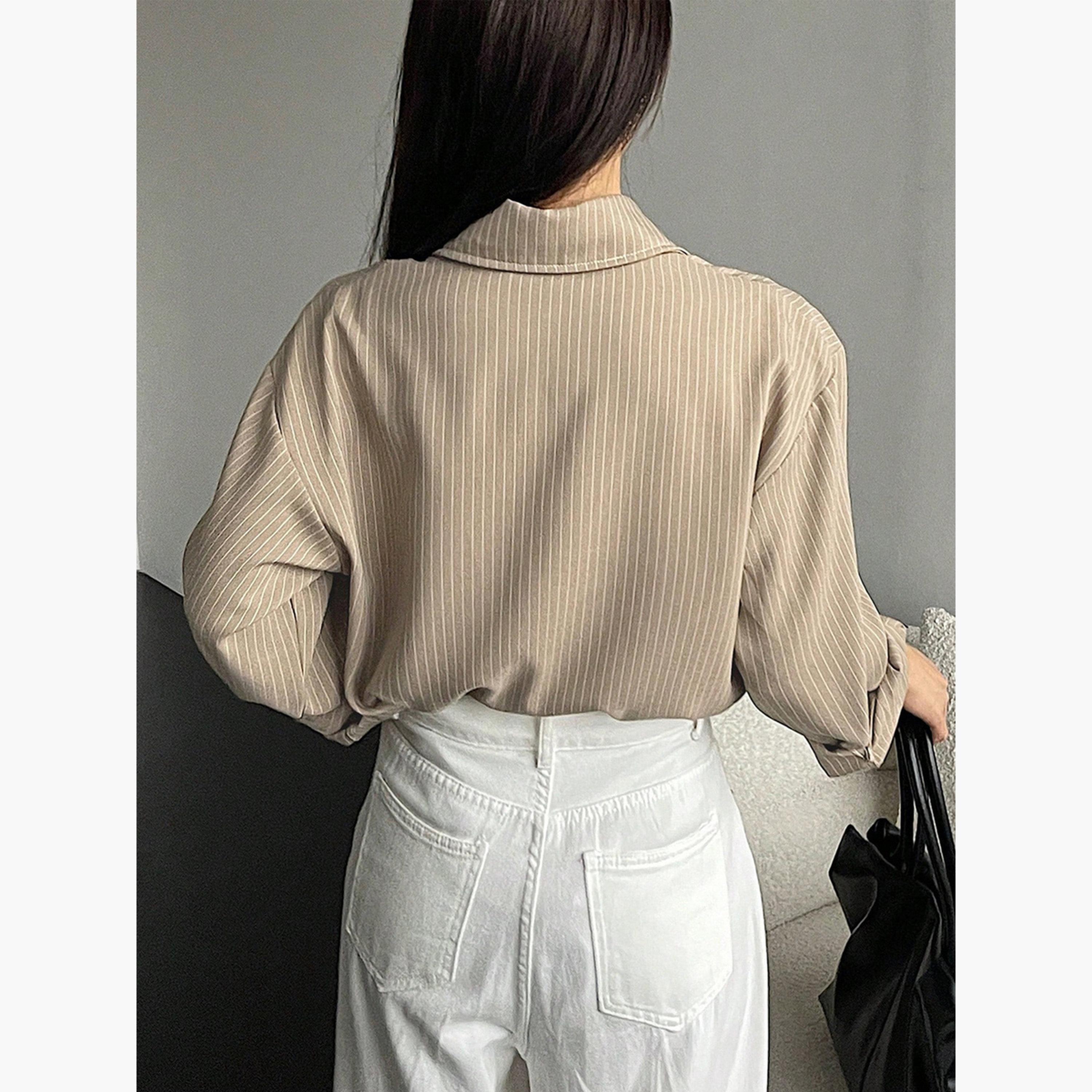 تيك تو - قميص مخطط بأكمام طويلة وقصة مريحة للنساء-women-clothing-shirtsandblouses-shirts-image-4